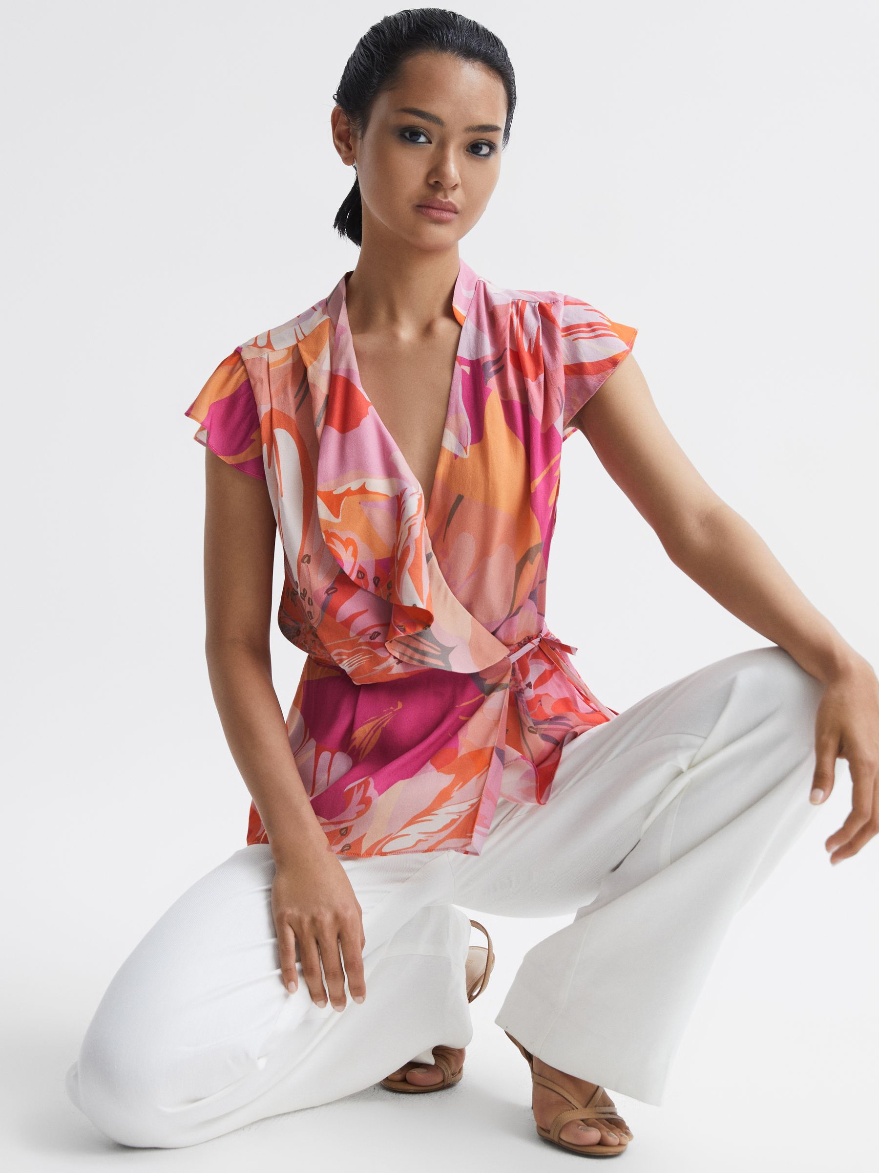 Reiss Tropical Print Wrap Blouse in Pink | REISS