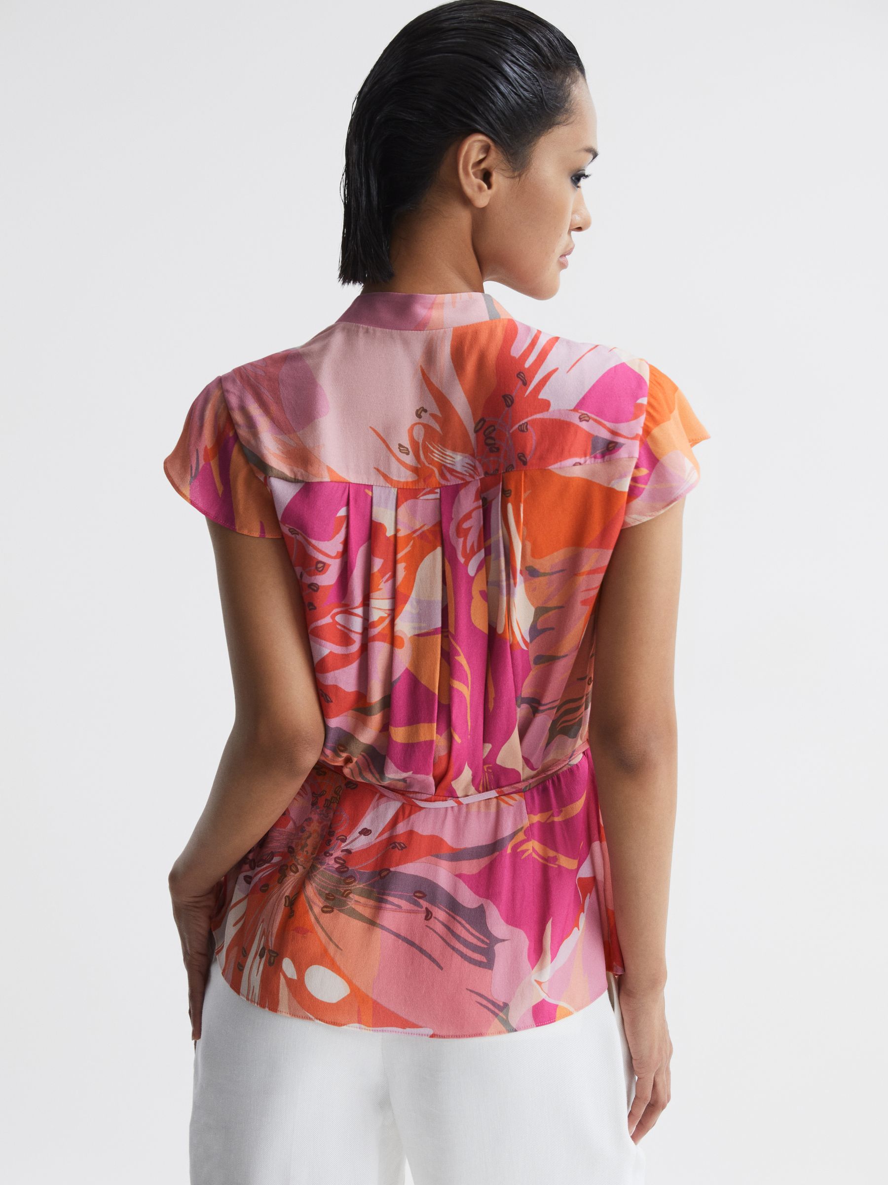 Reiss Tropical Print Wrap Blouse in Pink | REISS