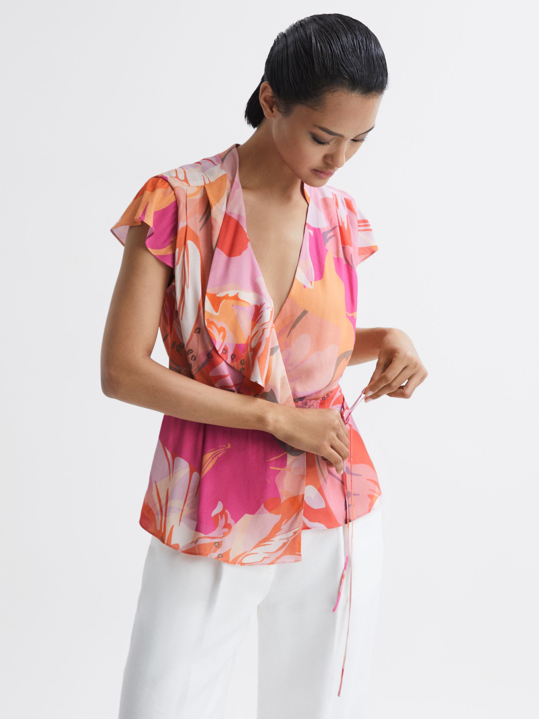Tropical Print Wrap Blouse in Pink - Image 6 of 7