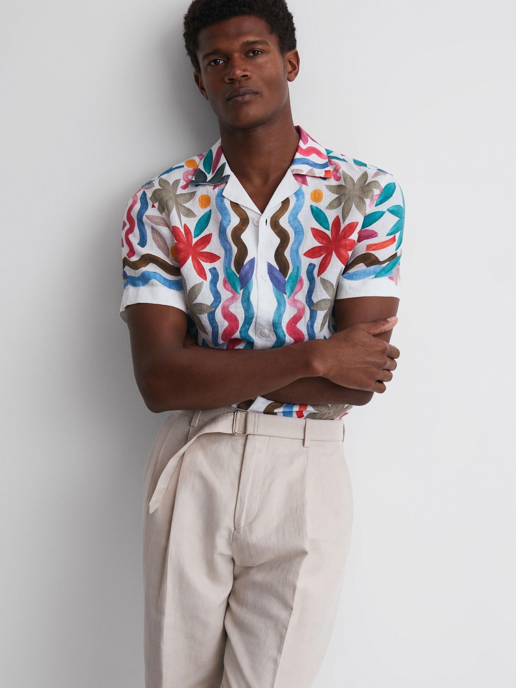 Linen Floral Cuban Collar Shirt in Multi - Image 1 of 4