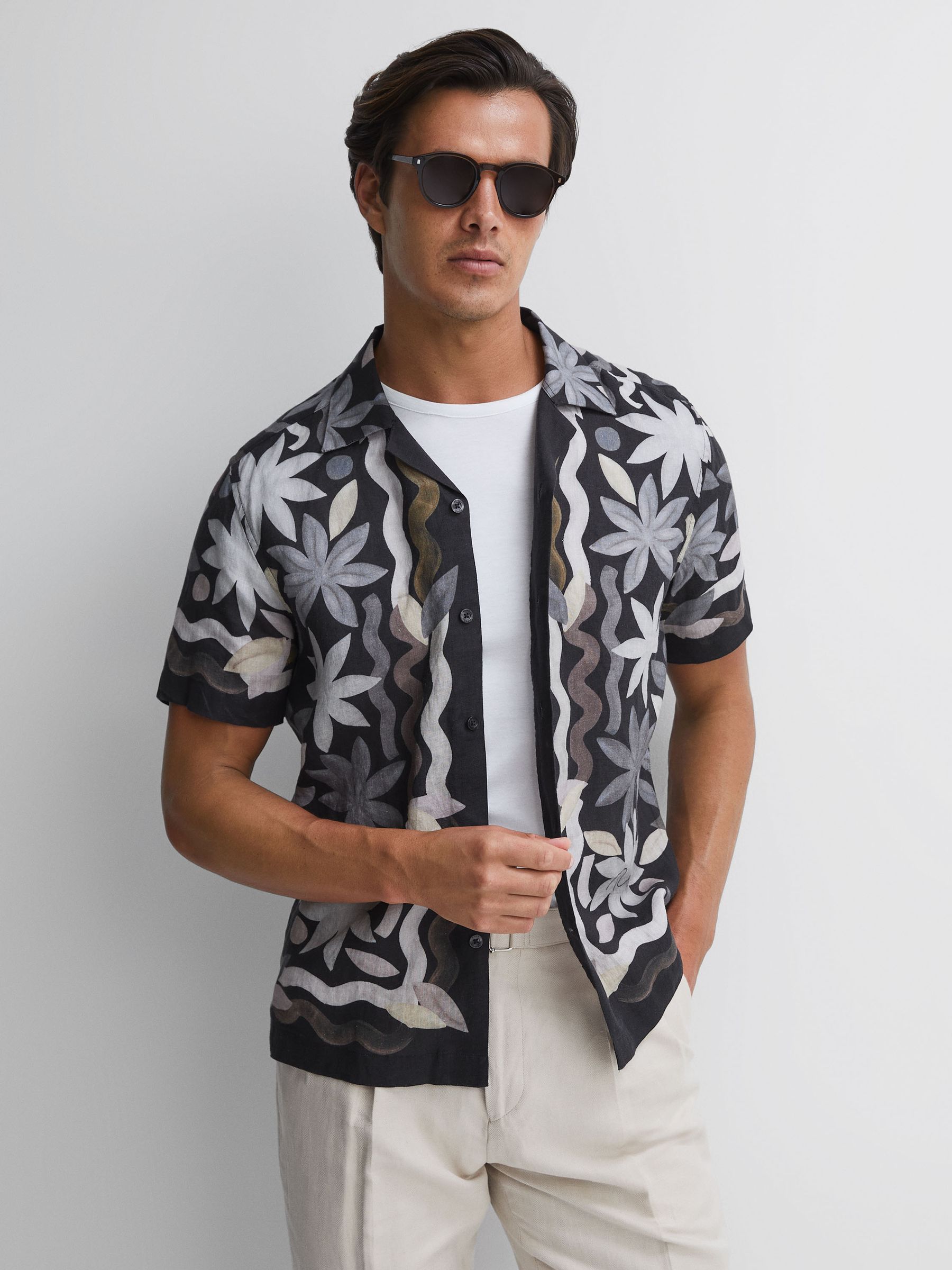Linen Floral Cuban Collar Shirt in Black Multi - Image 1 of 10