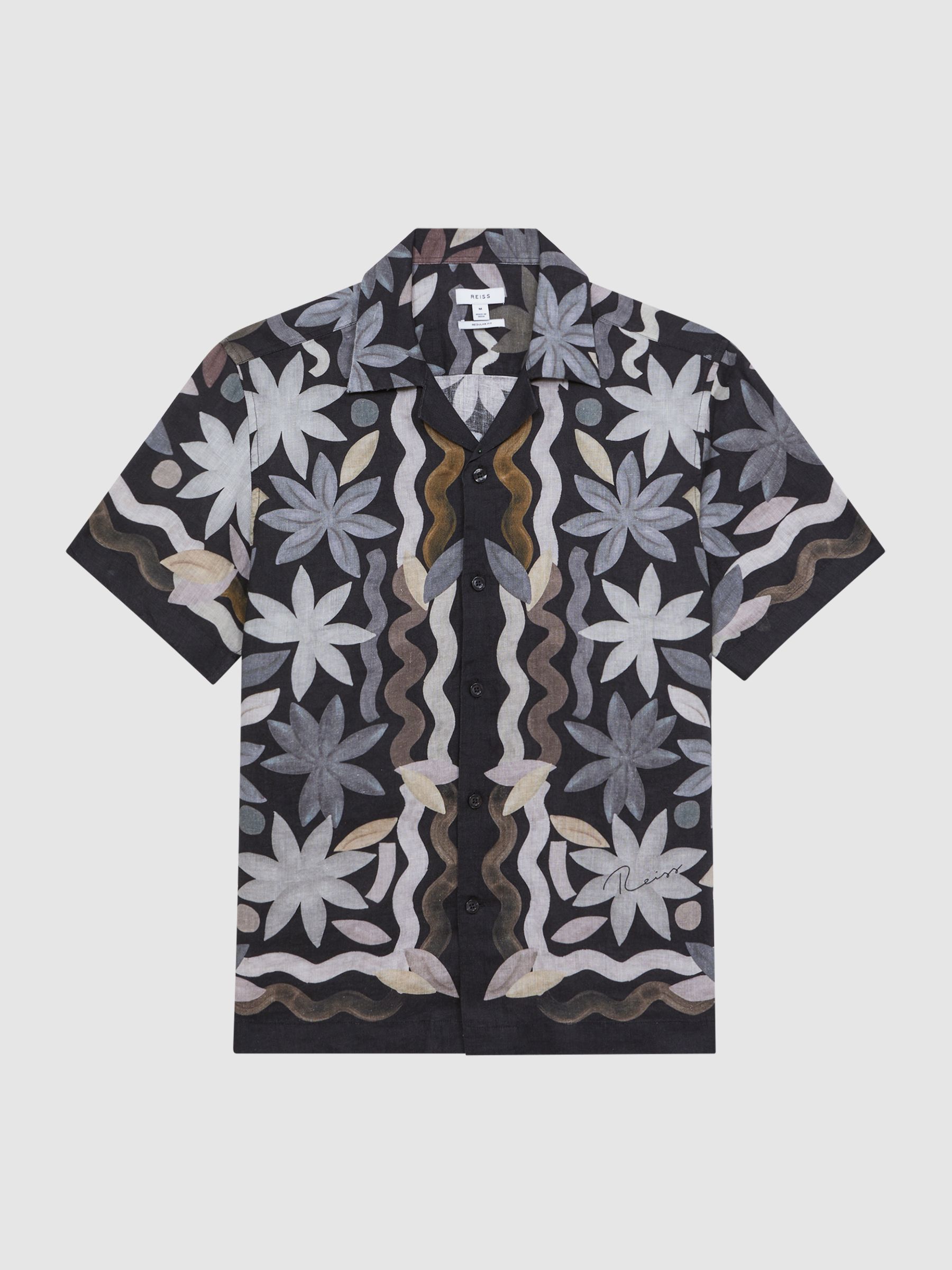 Linen Floral Cuban Collar Shirt in Black Multi - Image 10 of 10