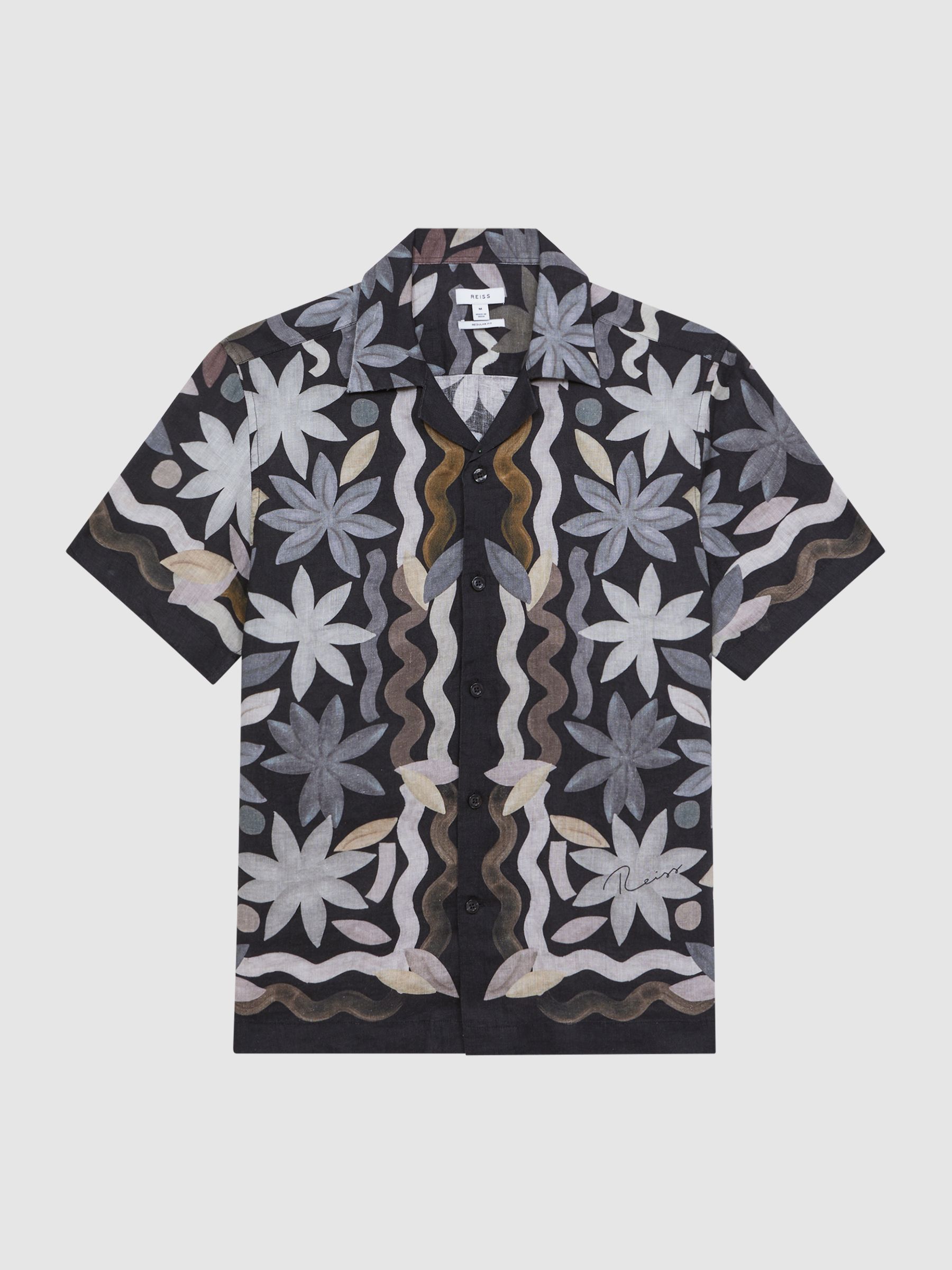 Linen Floral Cuban Collar Shirt in Black Multi - Image 2 of 10