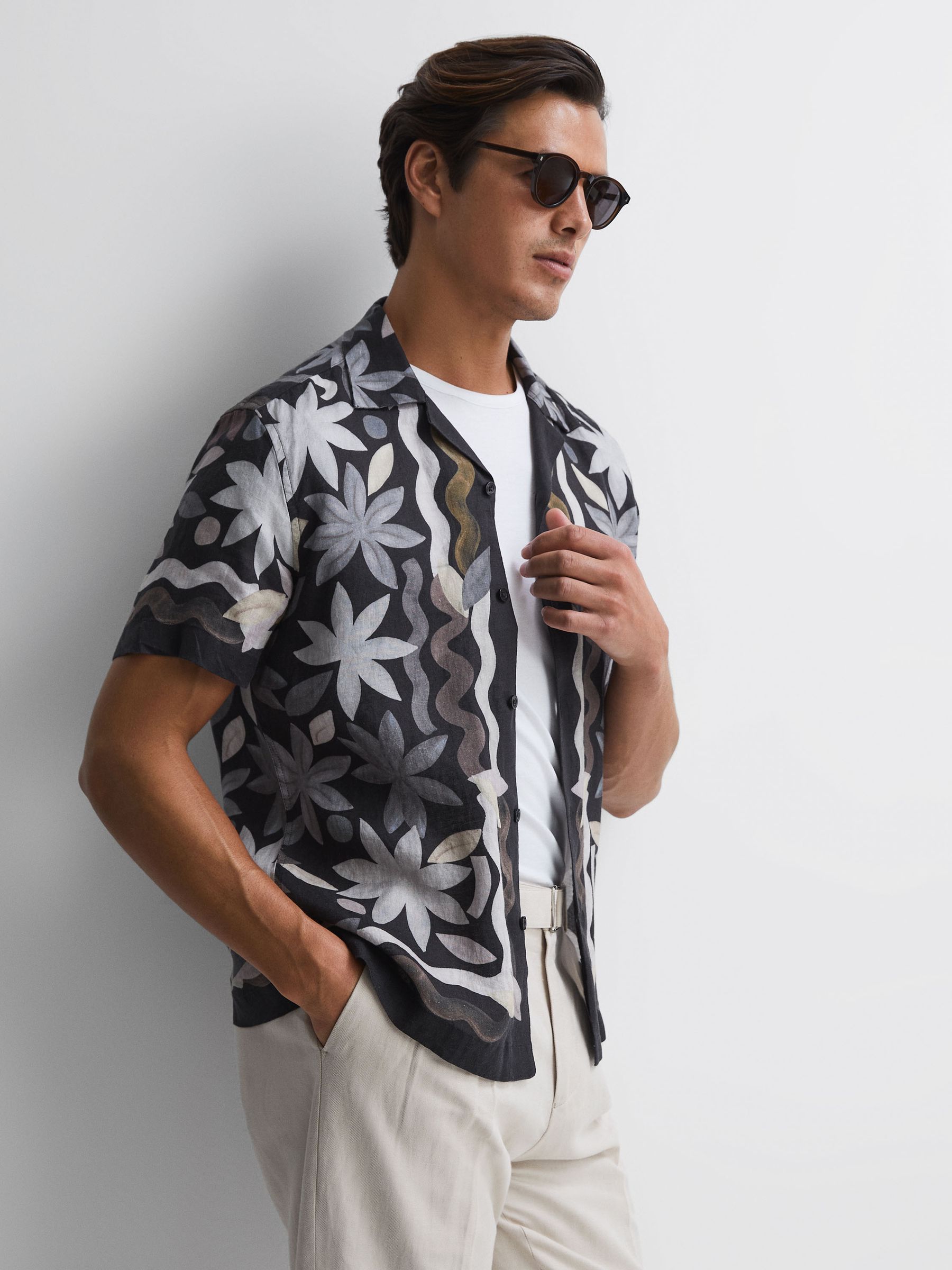 Linen Floral Cuban Collar Shirt in Black Multi - Image 6 of 10