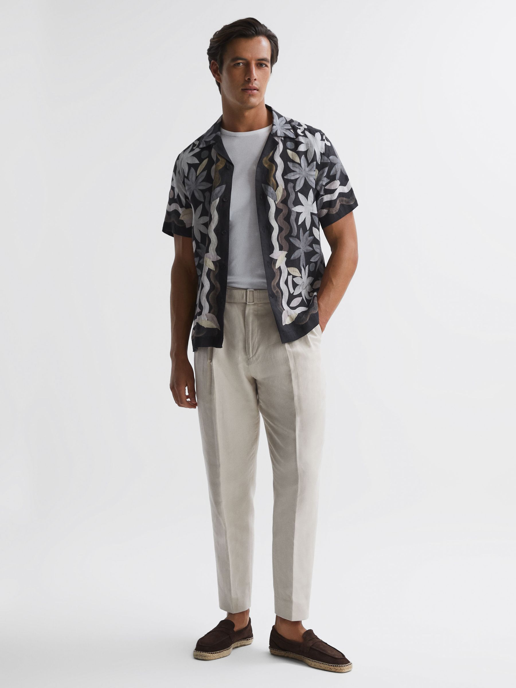 Linen Floral Cuban Collar Shirt in Black Multi - Image 8 of 10