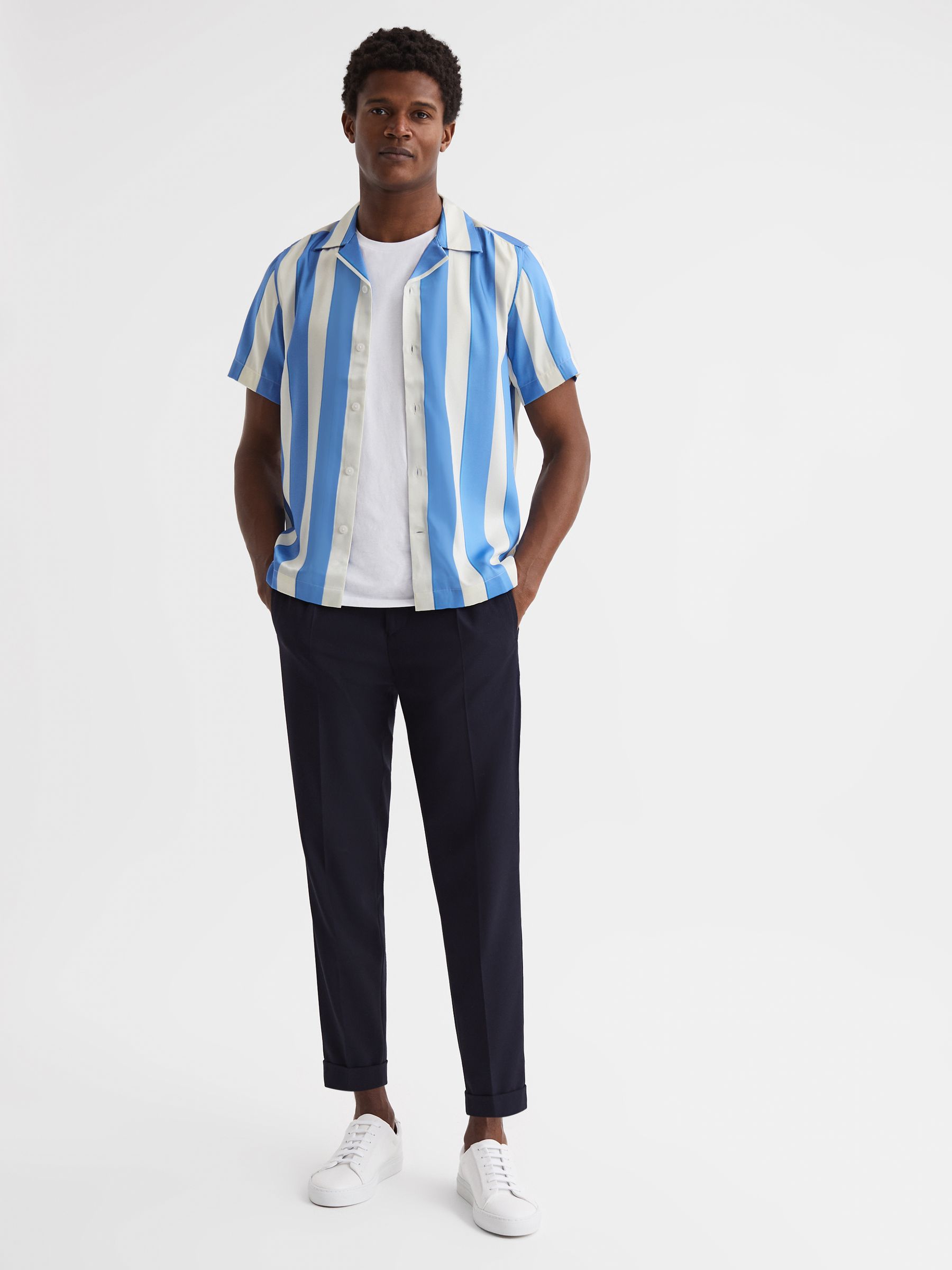 Slim Fit Cuban Collar Striped Shirt in Blue/White - Image 3 of 5