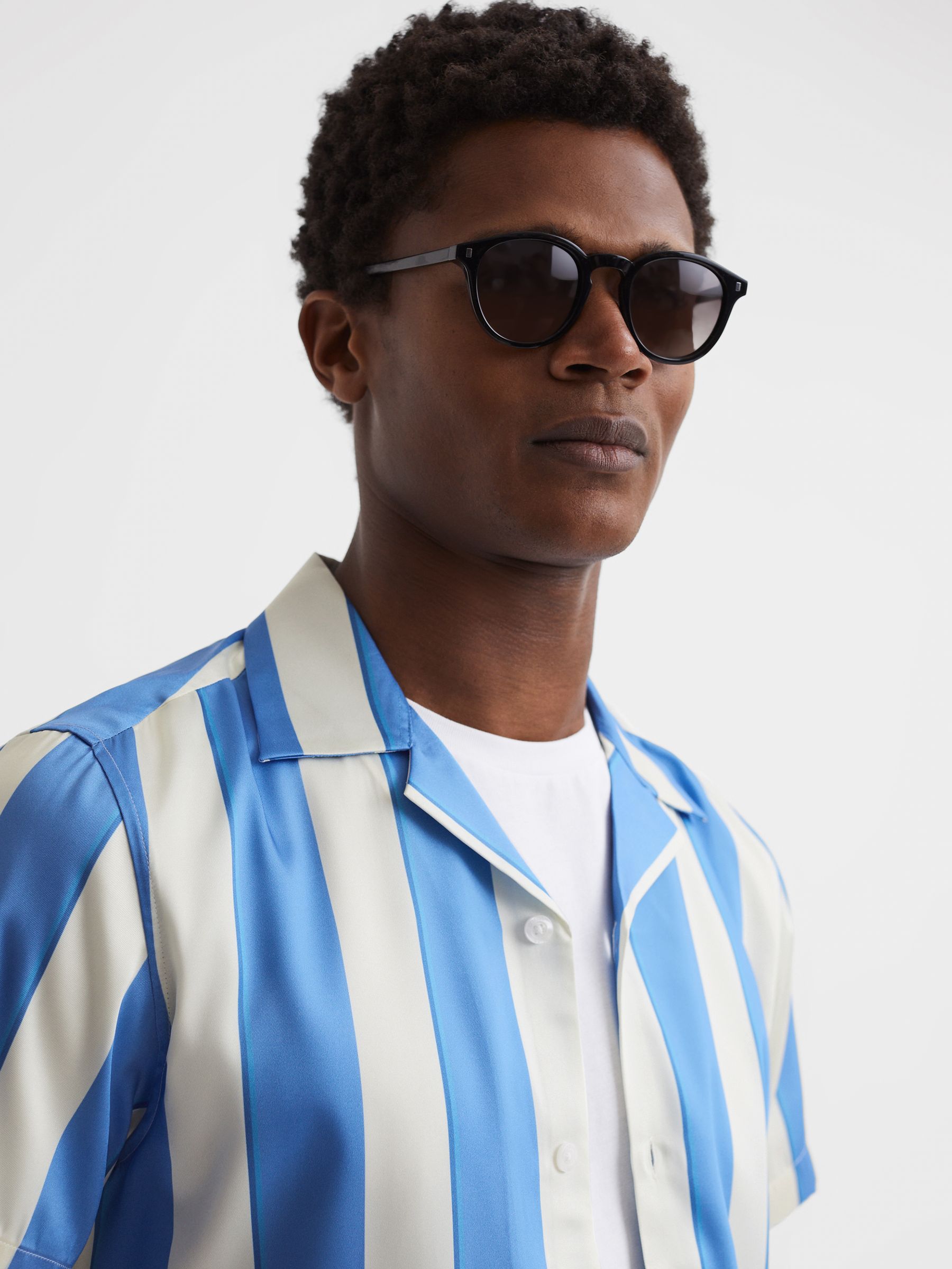 Slim Fit Cuban Collar Striped Shirt in Blue/White - Image 4 of 5