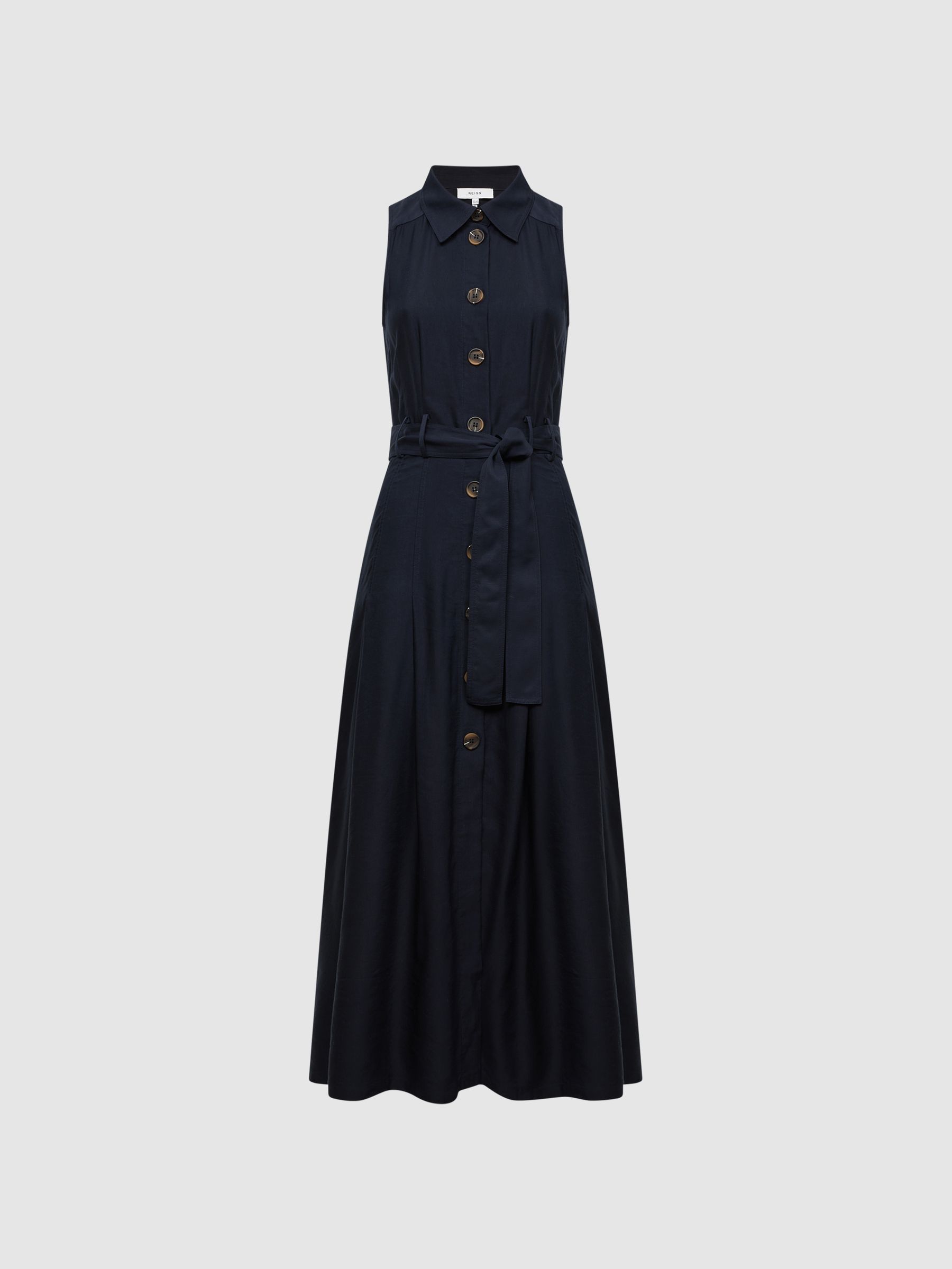 【海外限定】REISSドレス☆Pari Sleeveless Midi Dress, Navy Buy Reiss Navy Pari Ruched Sleeveless Midi Dress With Linen