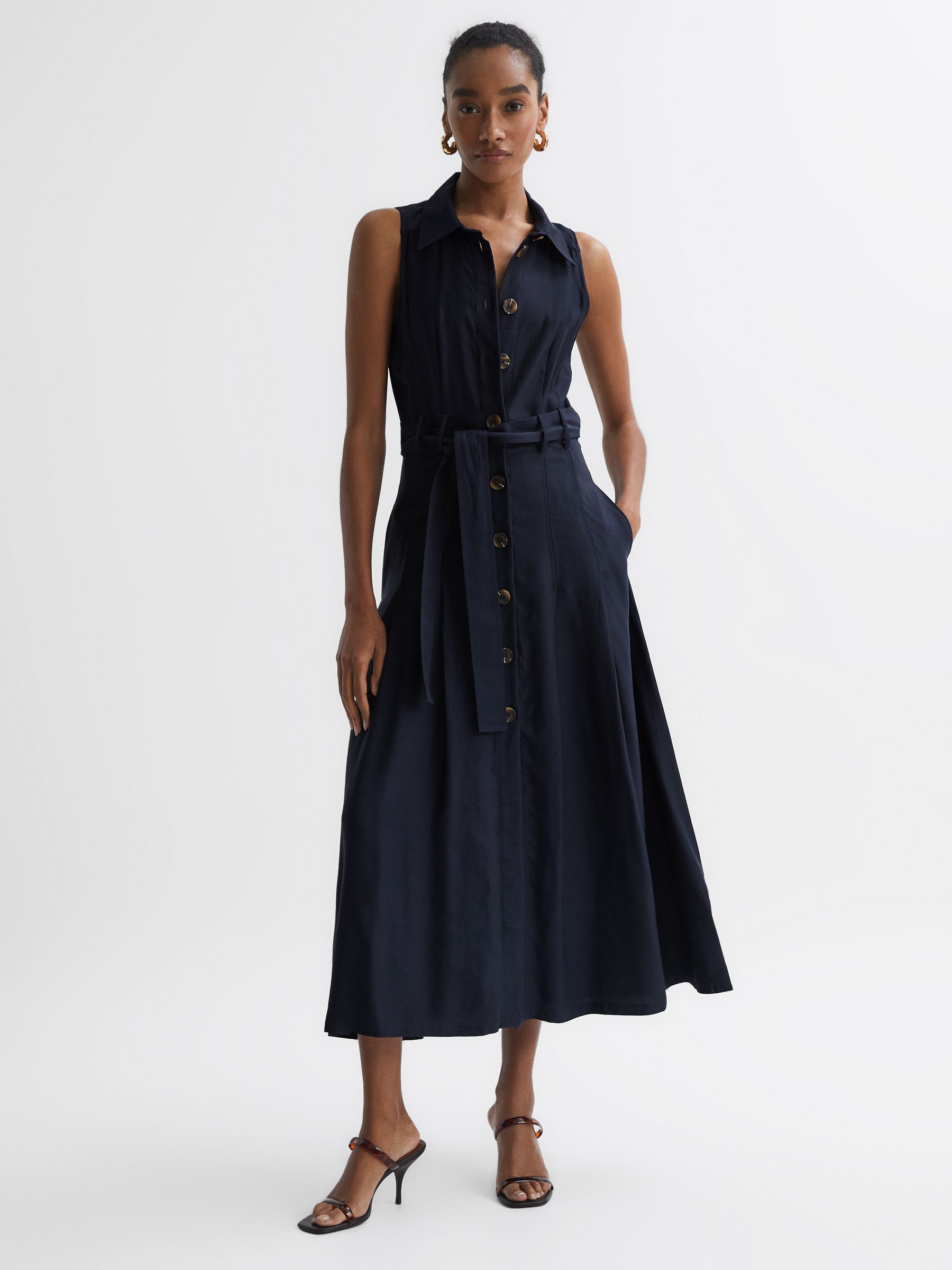 Button Front Midi Dress in Navy - Image 3 of 5