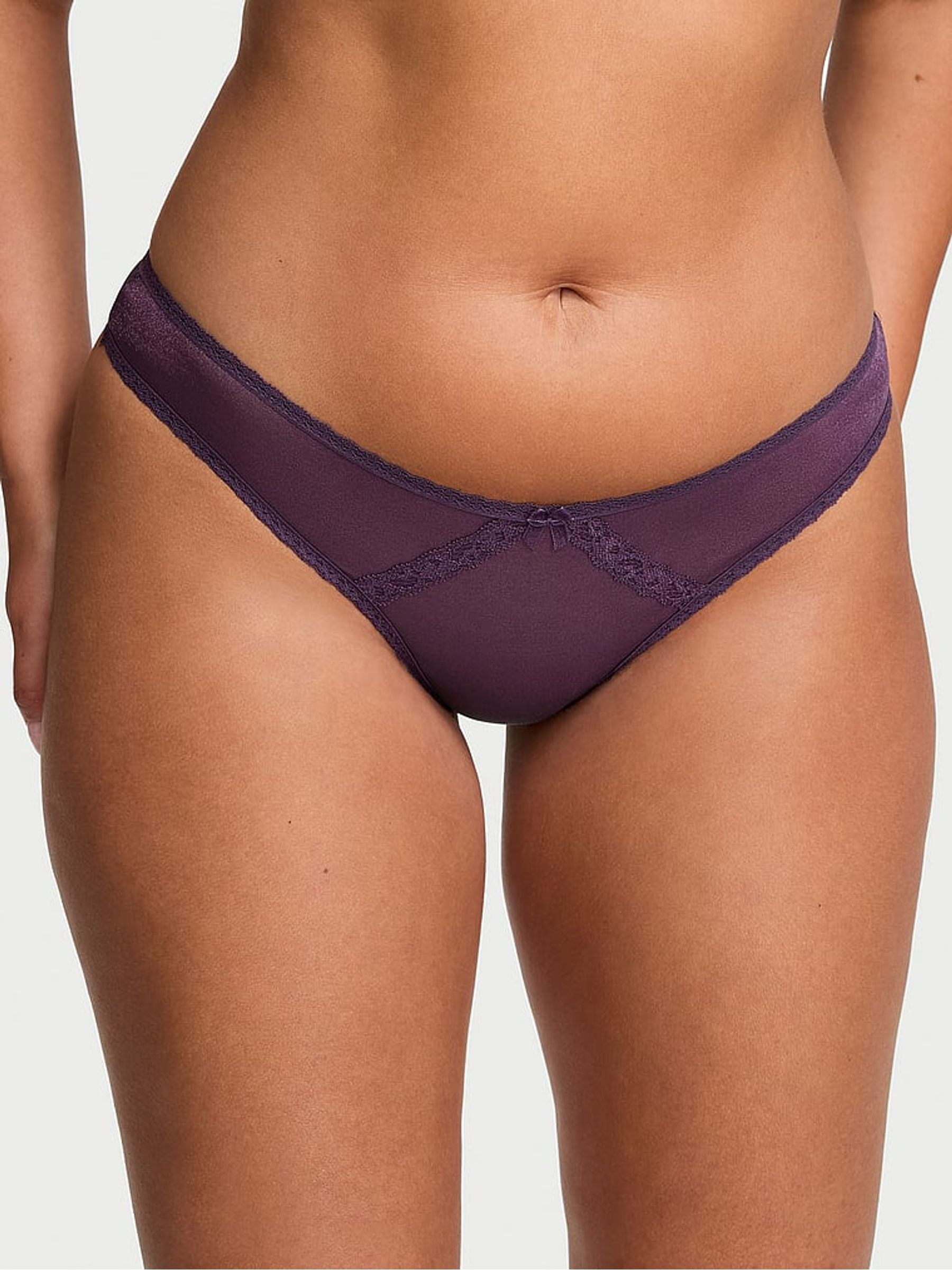 Shadow Purple Thong Sheer Shimmer Lace Trim Knickers - Image 1 of 2