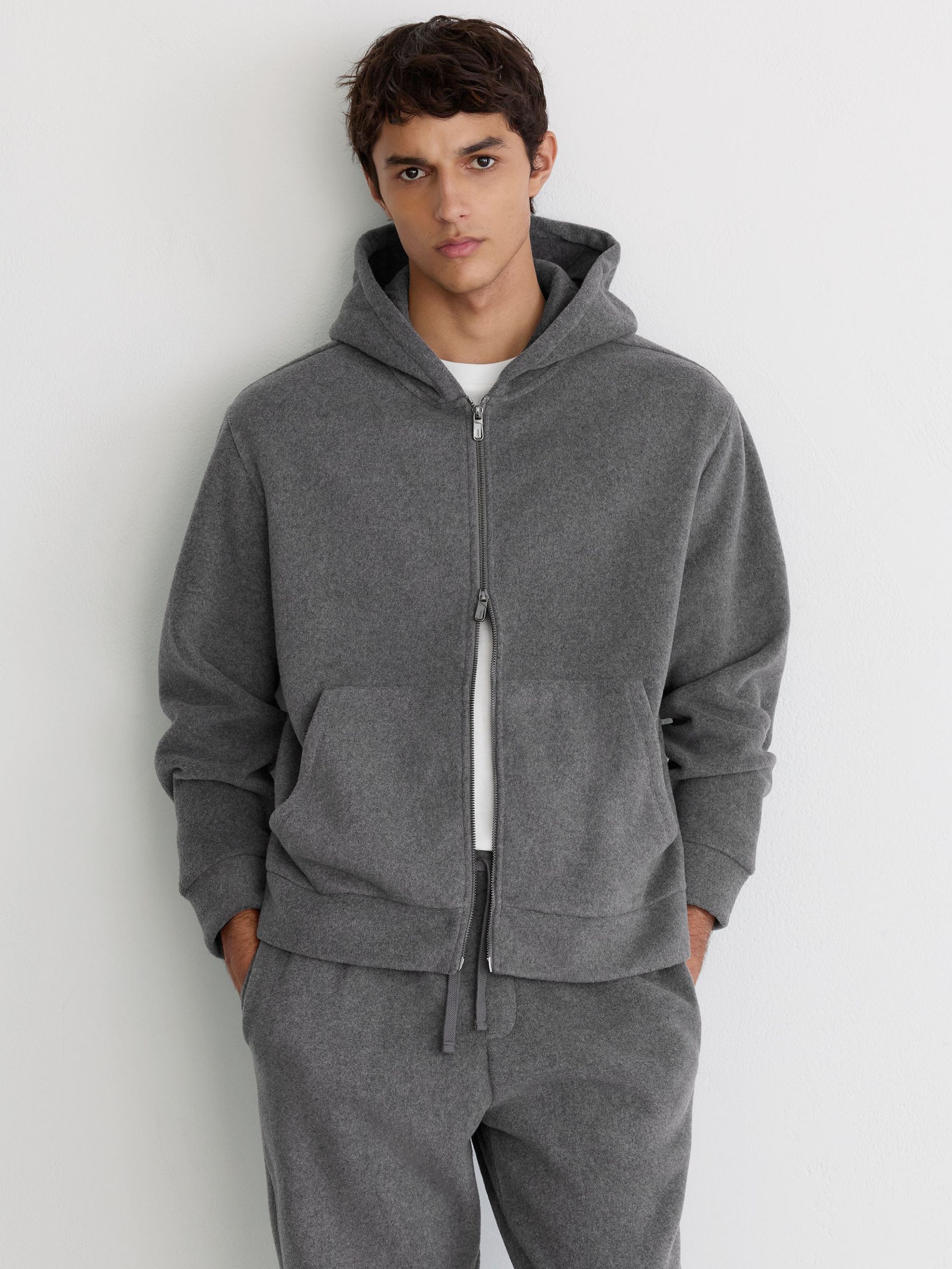 Fleece Relaxed Zip-Through Hoodie in Charcoal Grey - Image 3 of 6