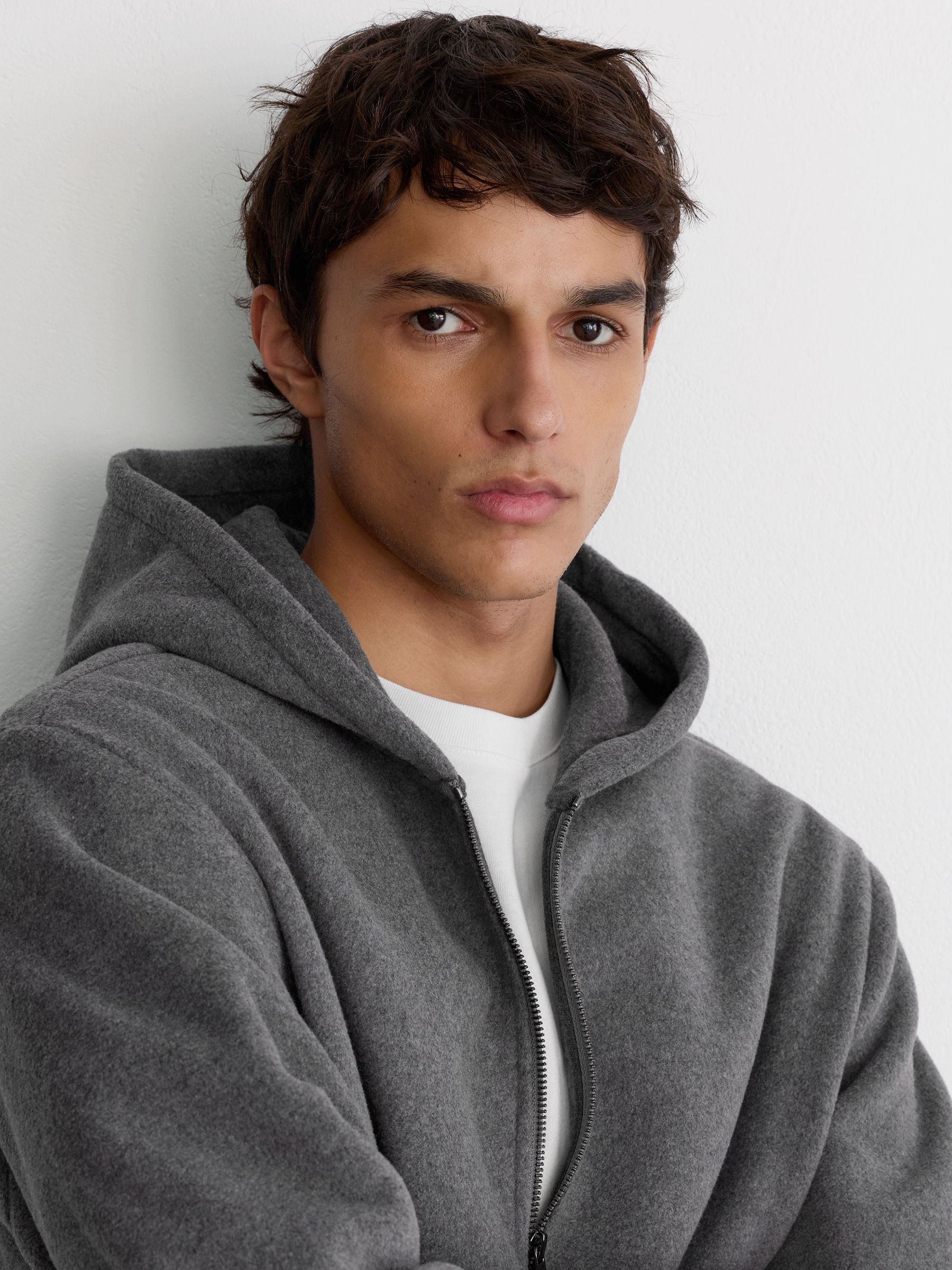 Fleece Relaxed Zip-Through Hoodie in Charcoal Grey - Image 4 of 6