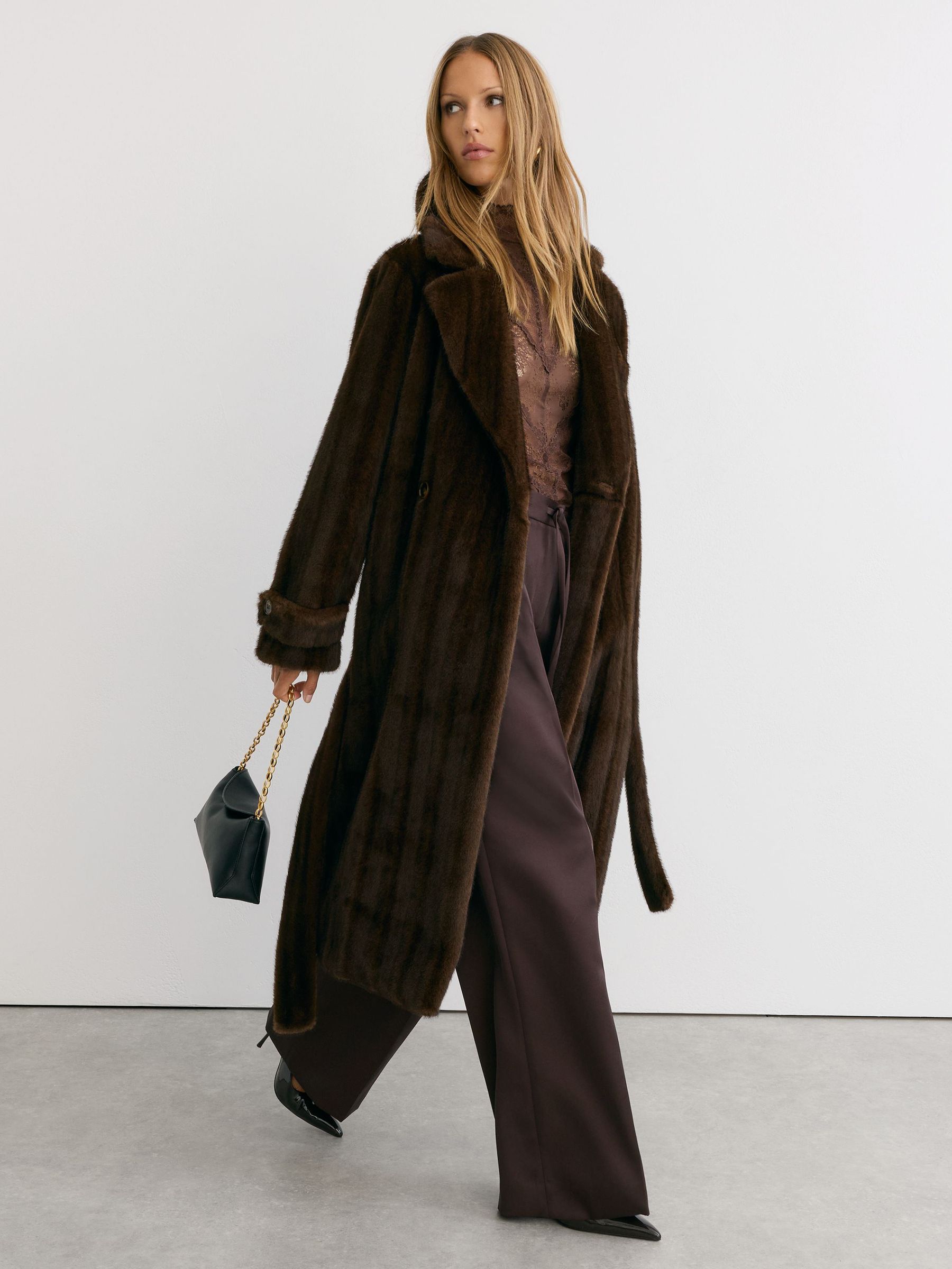 Faux-Fur Double-Breasted Long Coat in Chocolate Brown - Image 1 of 8