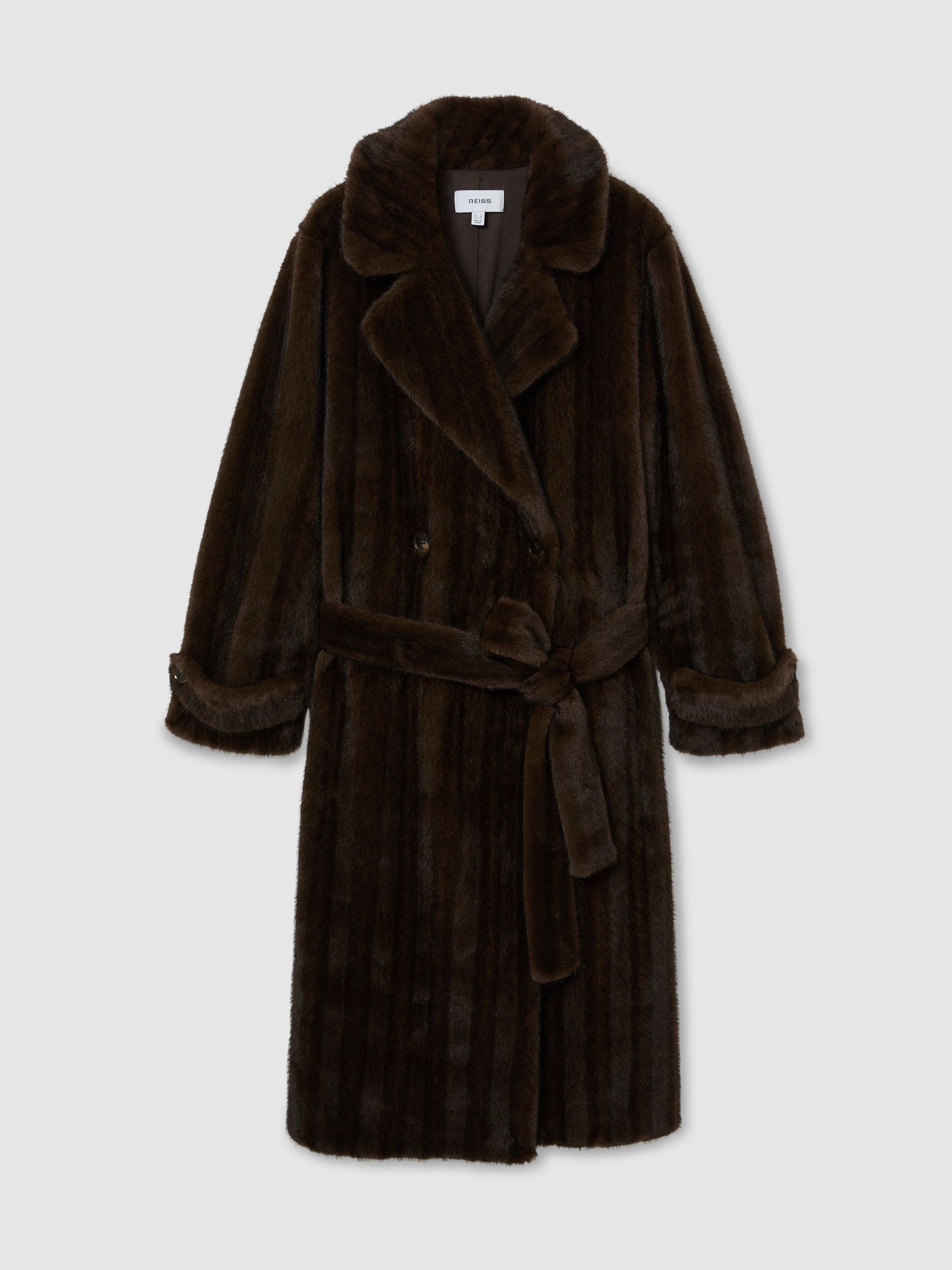 Faux-Fur Double-Breasted Long Coat in Chocolate Brown - Image 2 of 8