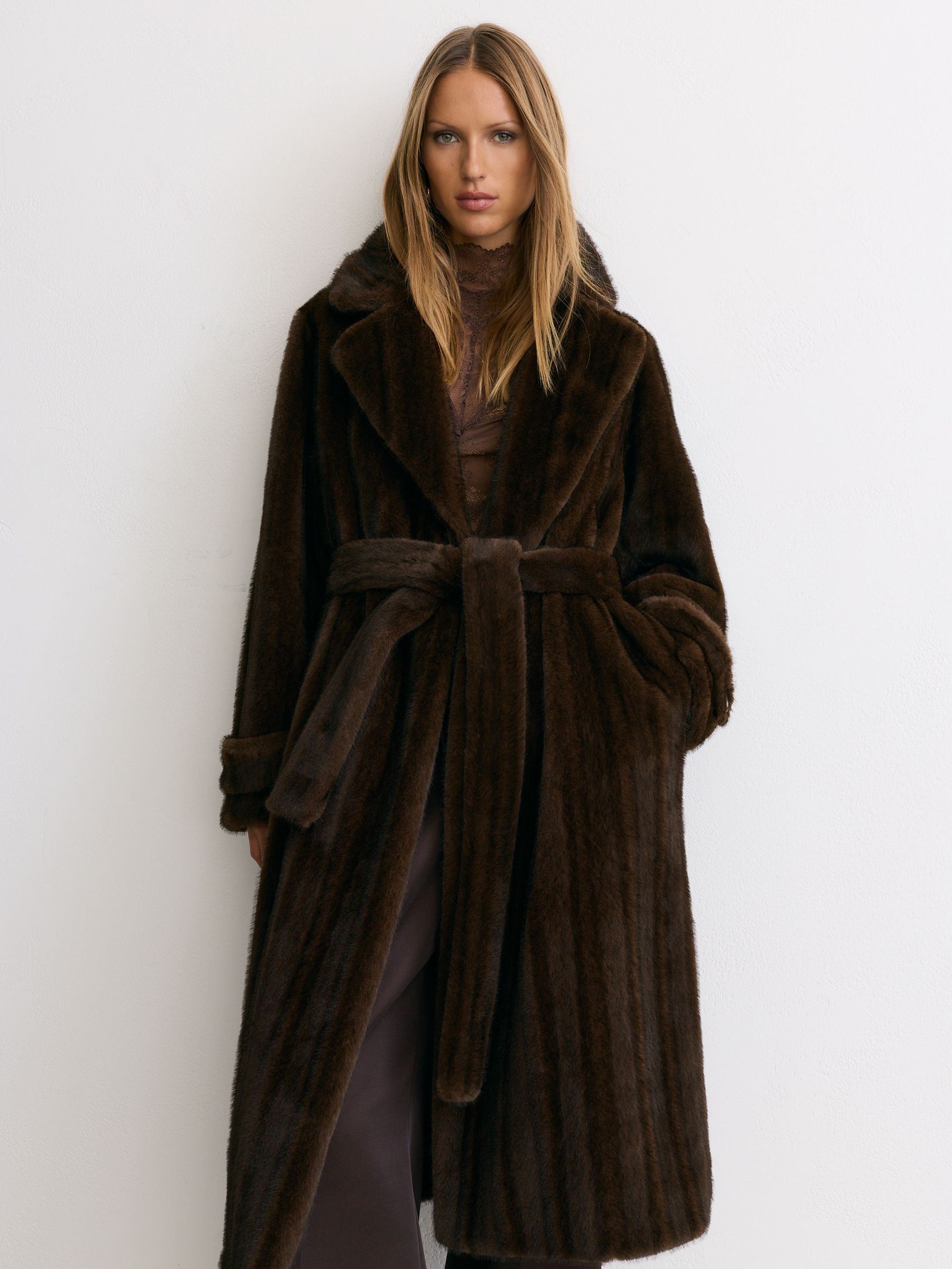 Faux-Fur Double-Breasted Long Coat in Chocolate Brown - Image 3 of 8