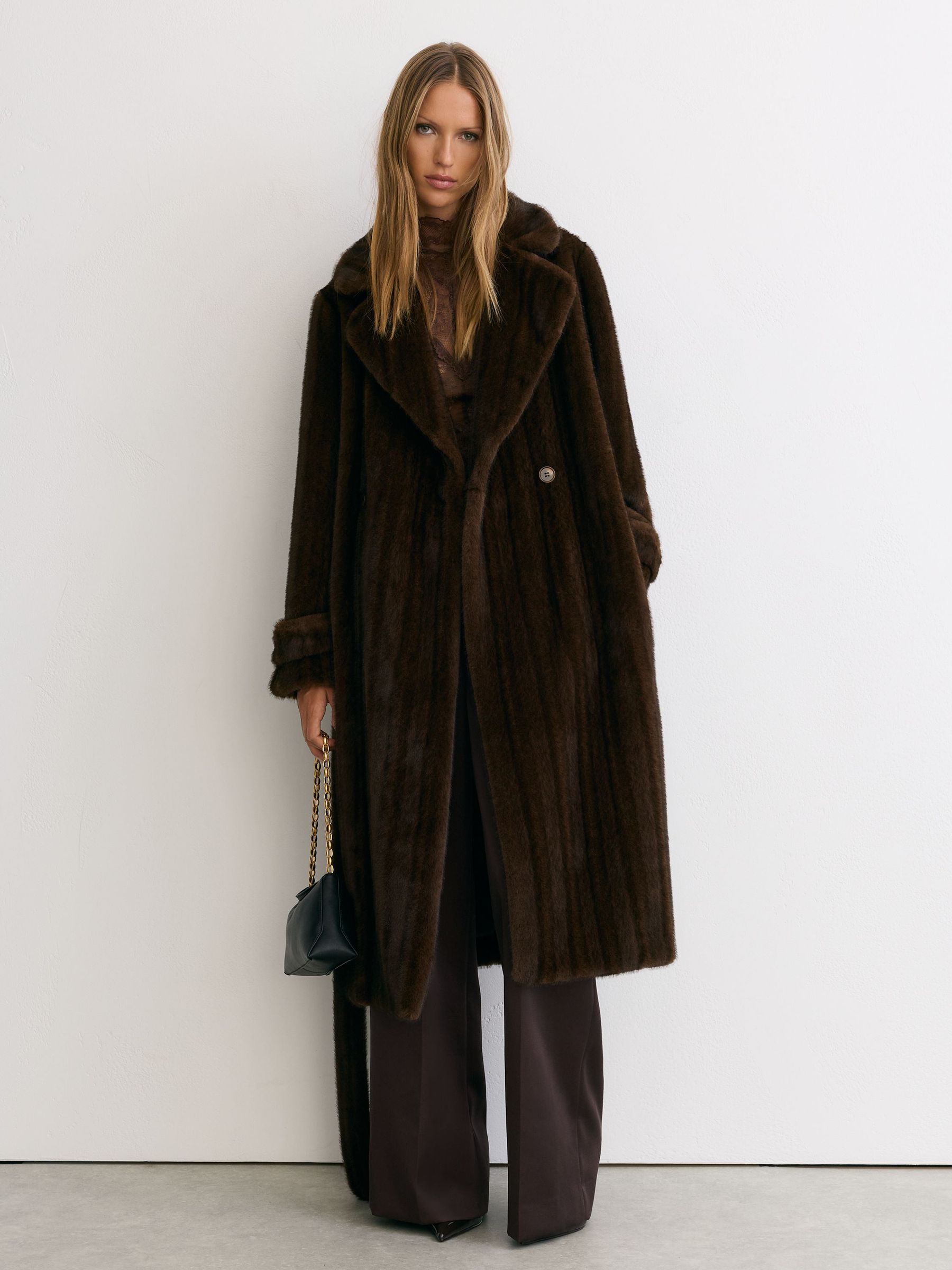 Faux-Fur Double-Breasted Long Coat in Chocolate Brown - Image 5 of 8