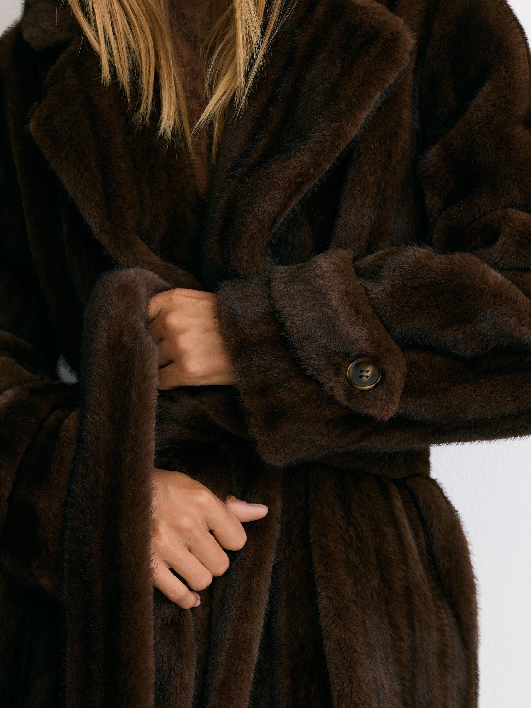 Faux-Fur Double-Breasted Long Coat in Chocolate Brown - Image 6 of 8
