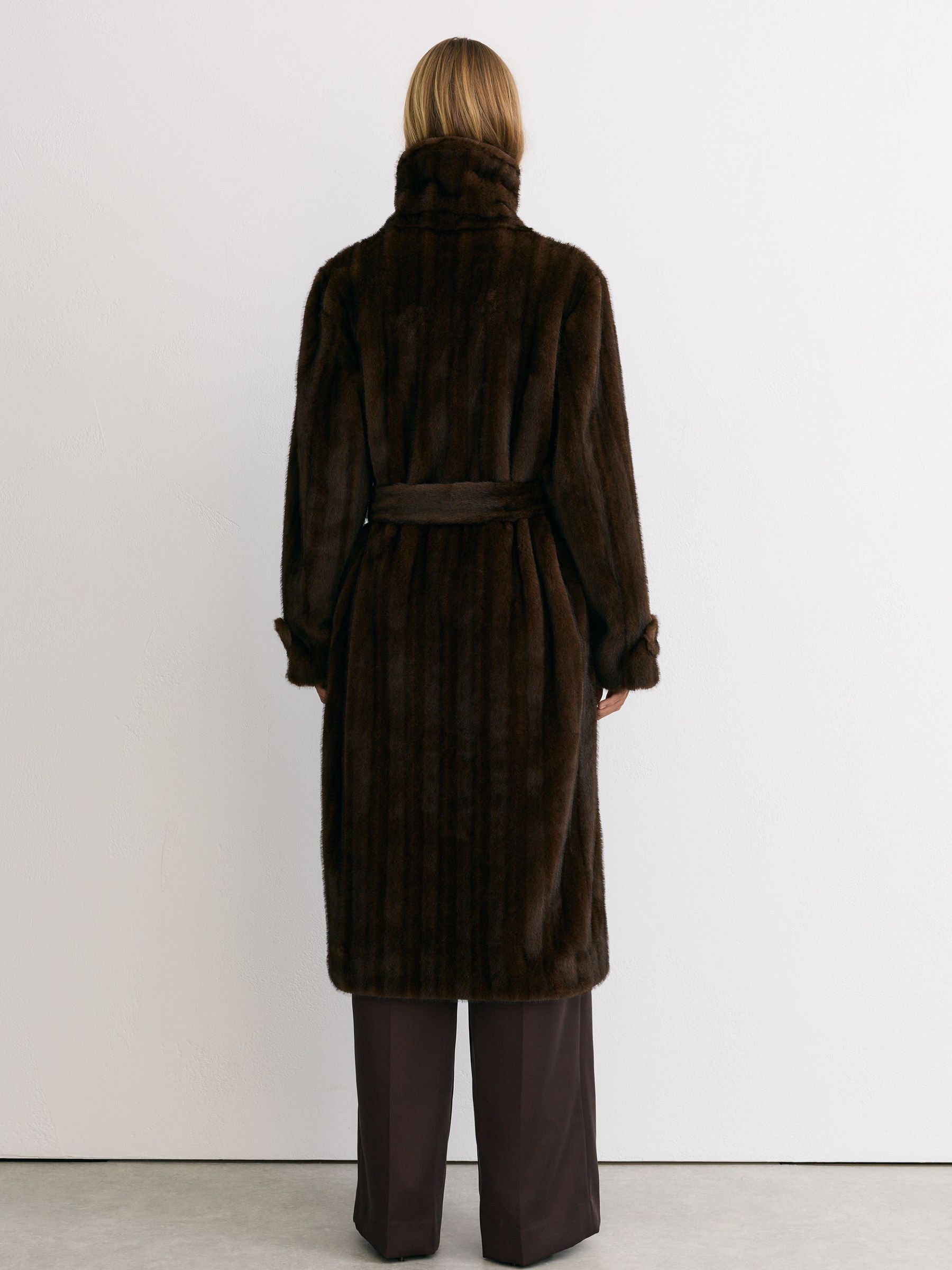 Faux-Fur Double-Breasted Long Coat in Chocolate Brown - Image 7 of 8