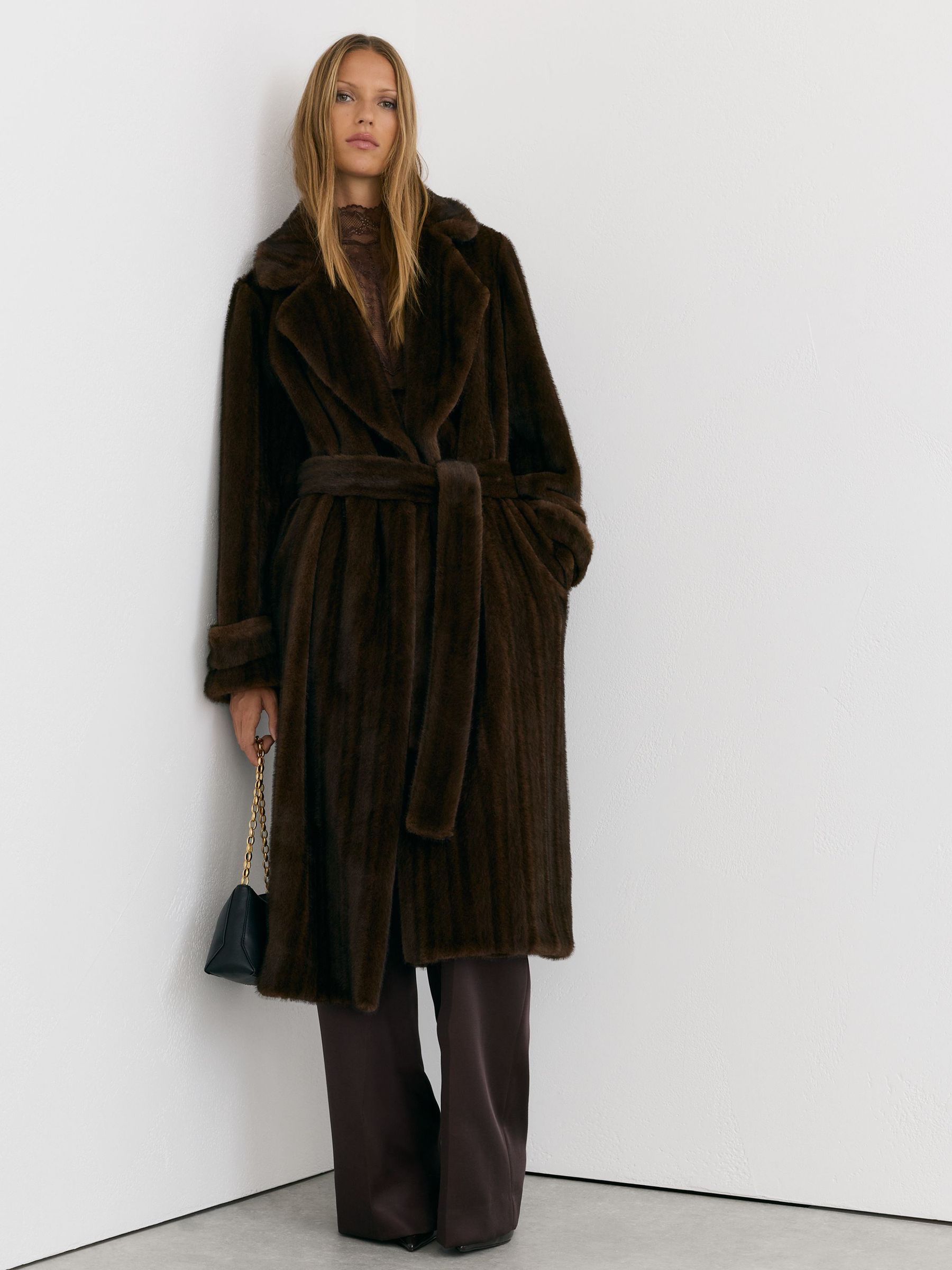 Petite Faux-Fur Double-Breasted Long Coat in Chocolate Brown by Reiss