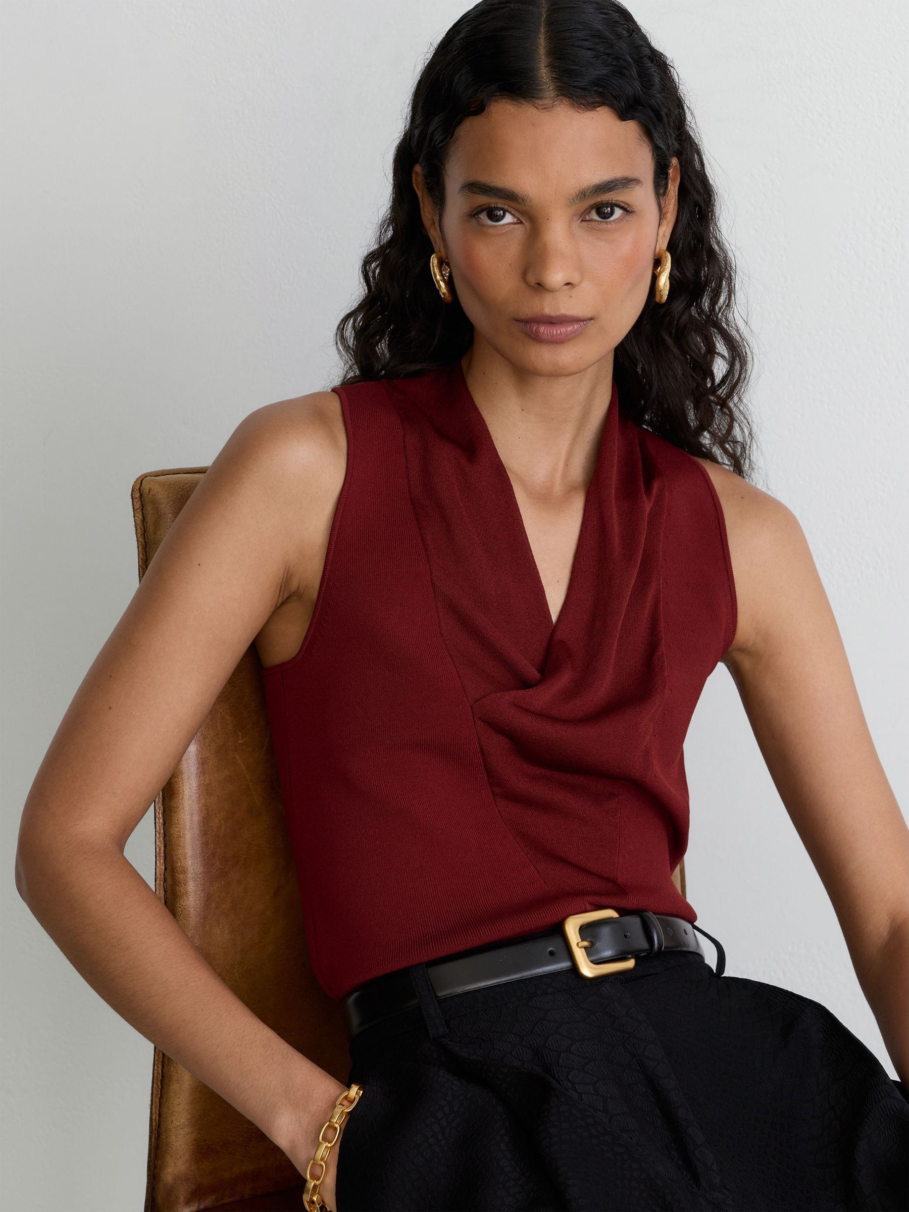 Cowl-Neck Knitted Sleeveless Top in Claret Red - Image 1 of 7 Cowl-Neck Knitted Sleeveless Top in Claret Red - Image 1 of 7
