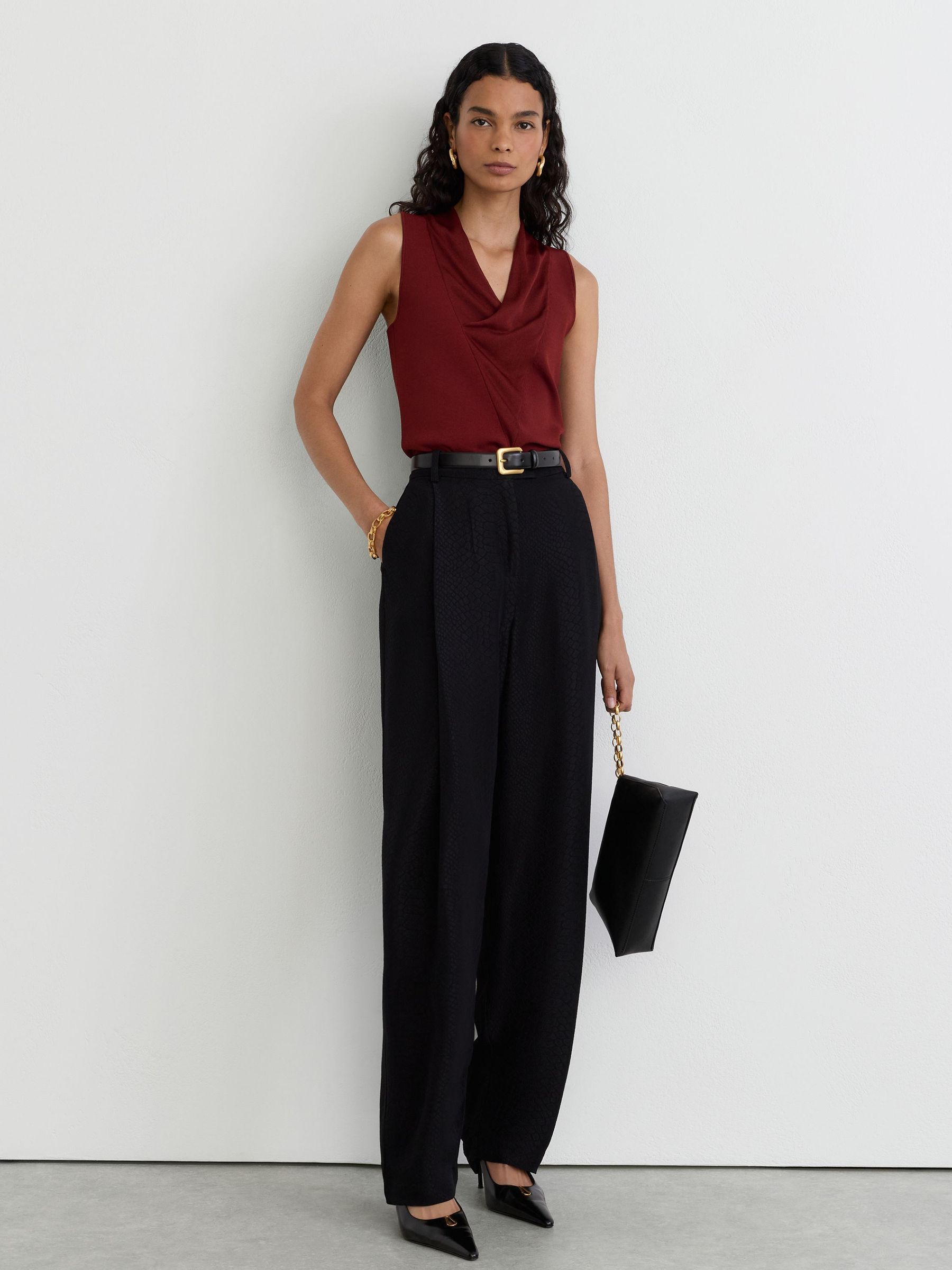 Cowl-Neck Knitted Sleeveless Top in Claret Red - Image 3 of 7