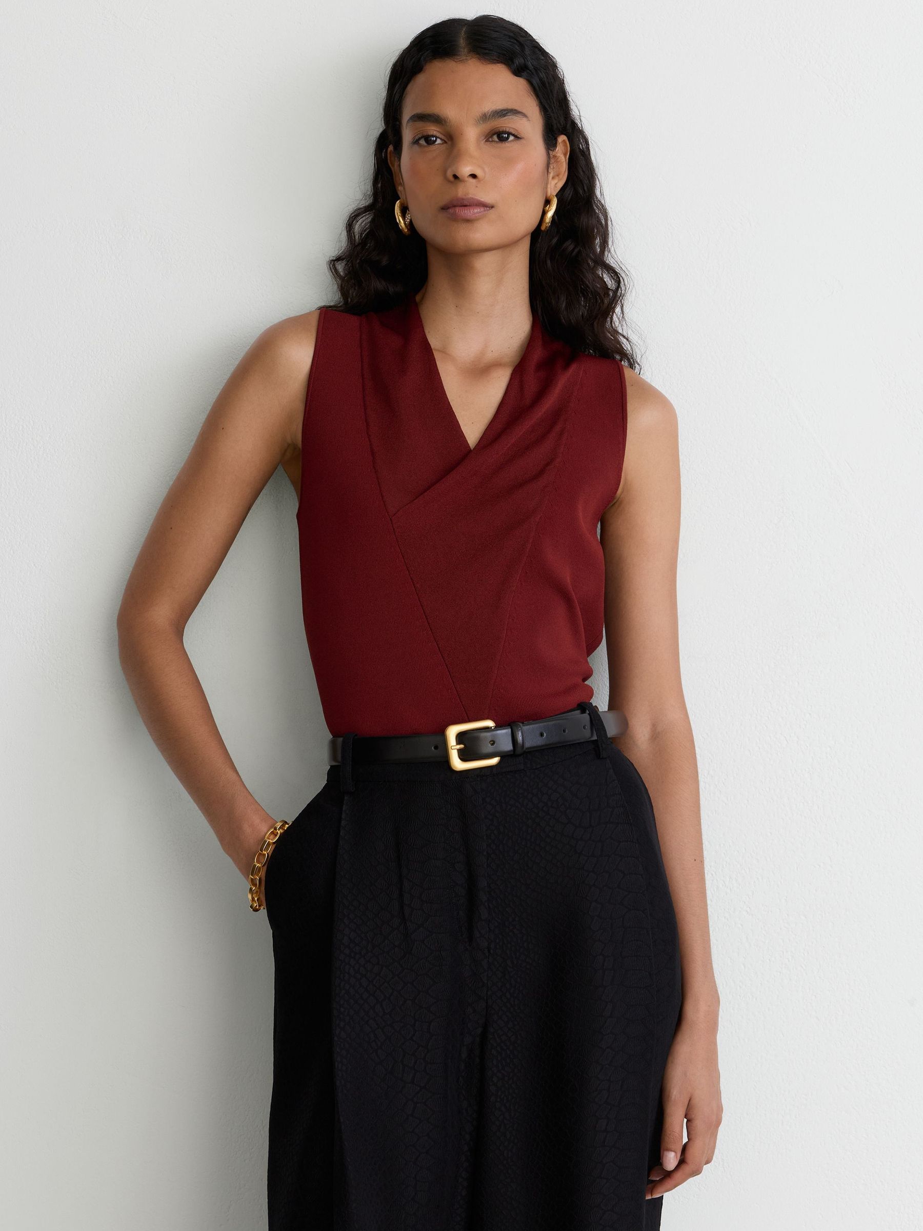 Cowl-Neck Knitted Sleeveless Top in Claret Red - Image 4 of 7