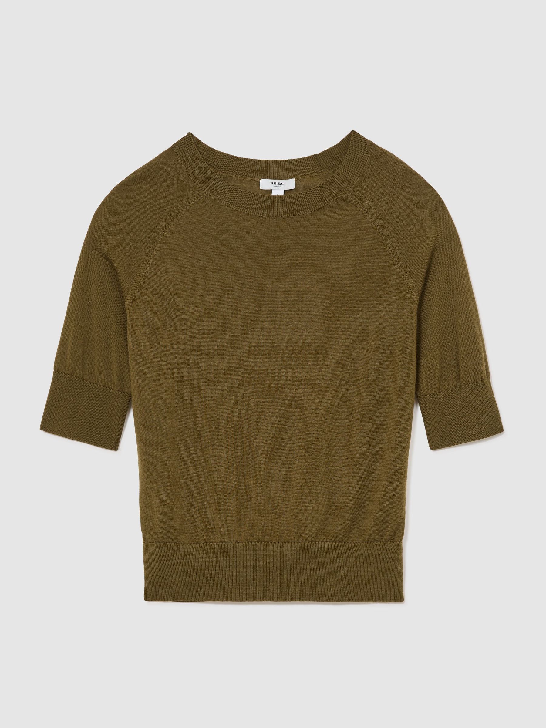 Merino Wool Crew-Neck T-Shirt in Khaki Green - Εικόνα 2 από 6