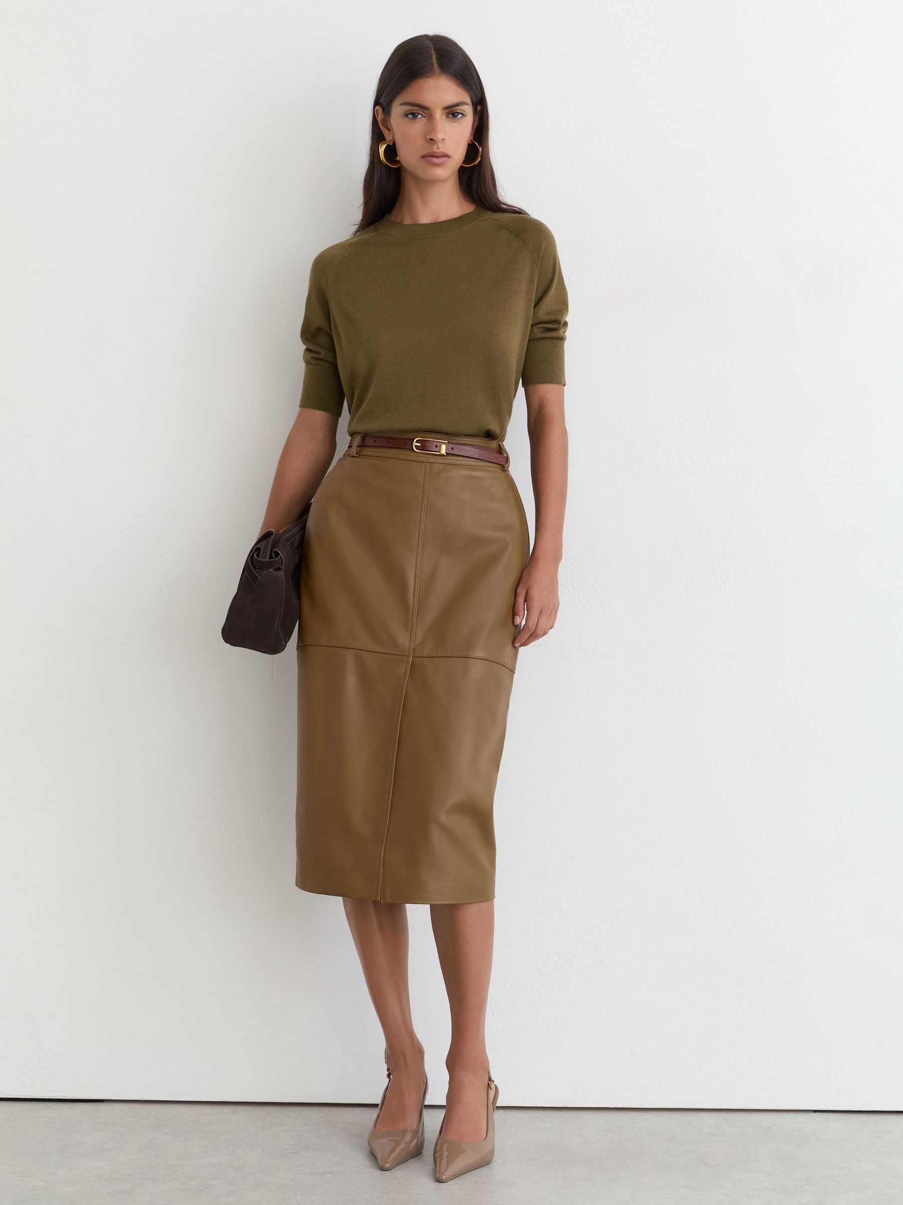 Merino Wool Crew-Neck T-Shirt in Khaki Green - Εικόνα 3 από 6