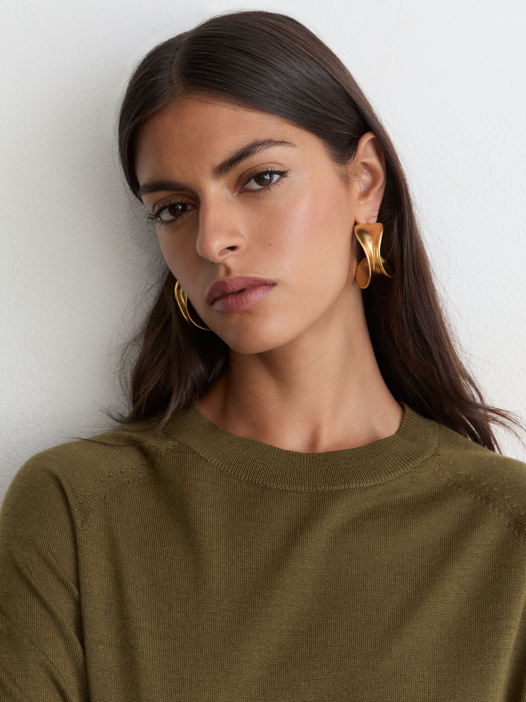 Merino Wool Crew-Neck T-Shirt in Khaki Green - Εικόνα 4 από 6