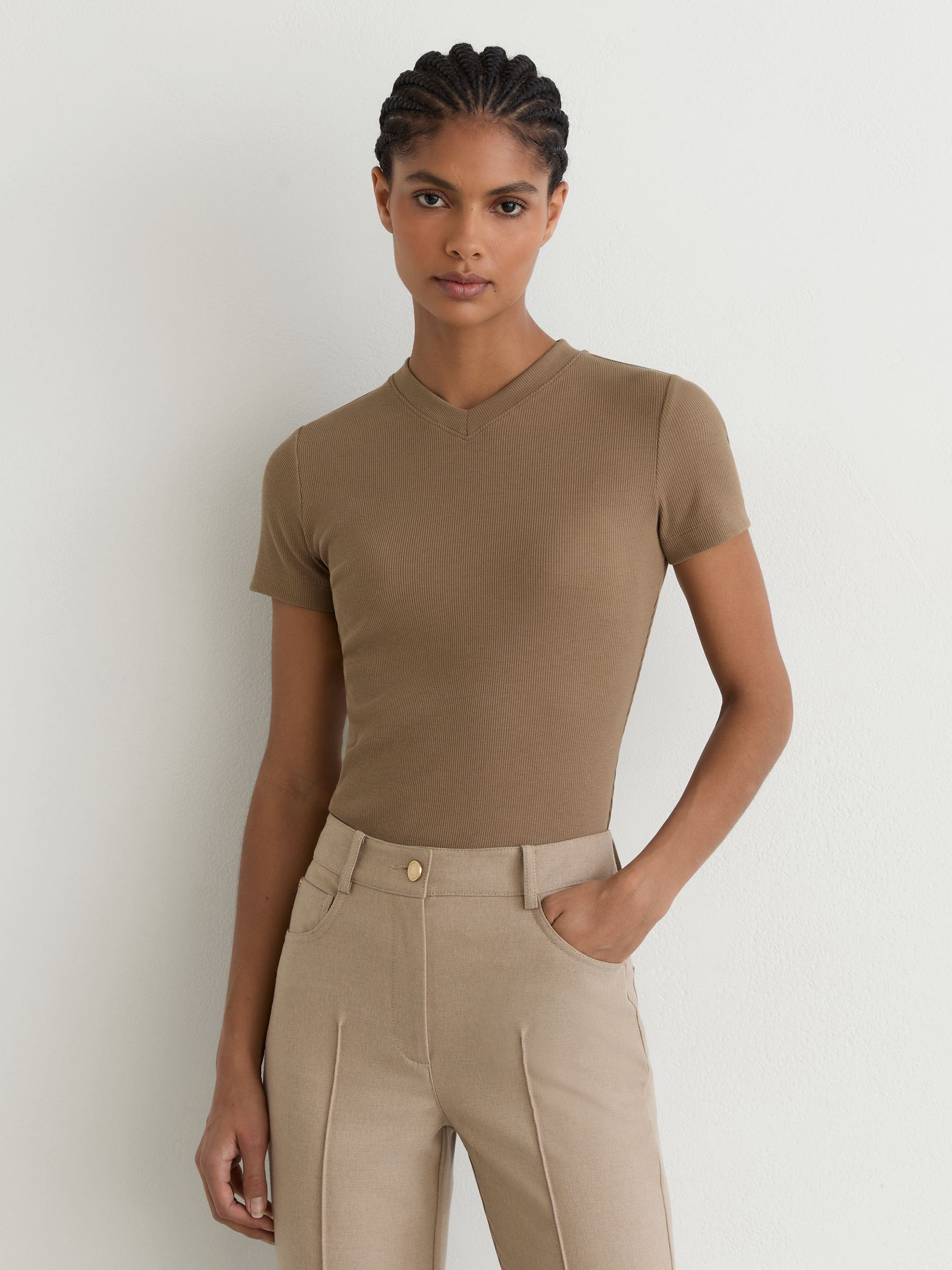 Cotton-Stretch High V-Neck T-Shirt in Camel - Image 1 of 6 Cotton-Stretch High V-Neck T-Shirt in Camel - Image 1 of 6