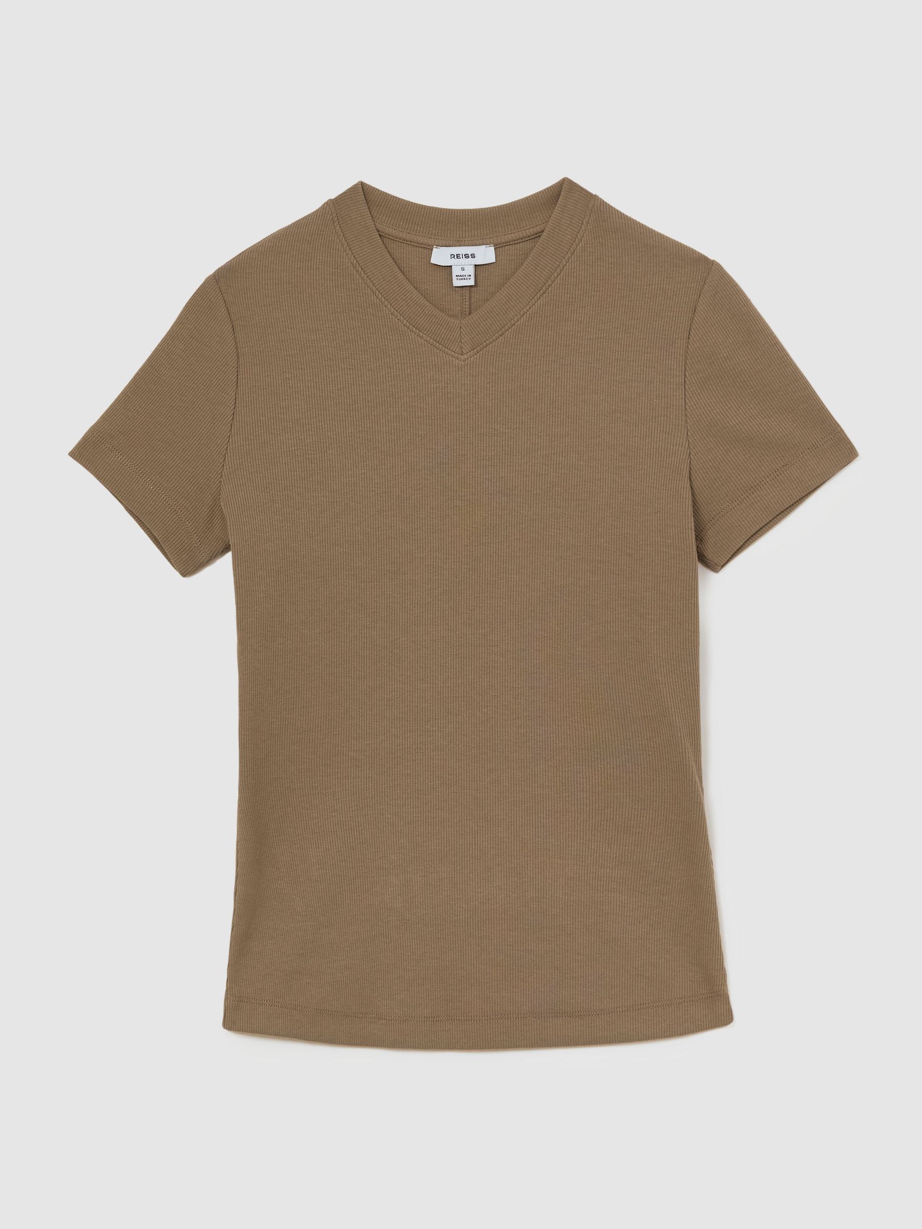Cotton-Stretch High V-Neck T-Shirt in Camel - Image 2 of 6 Cotton-Stretch High V-Neck T-Shirt in Camel - Image 2 of 6
