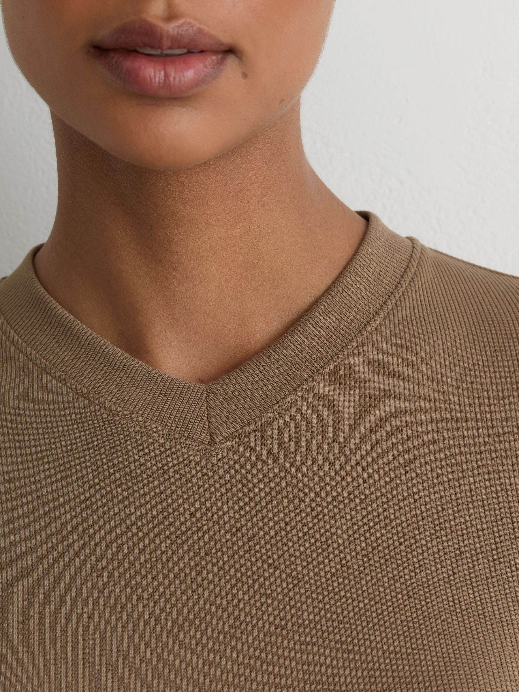 Cotton-Stretch High V-Neck T-Shirt in Camel - Image 3 of 6