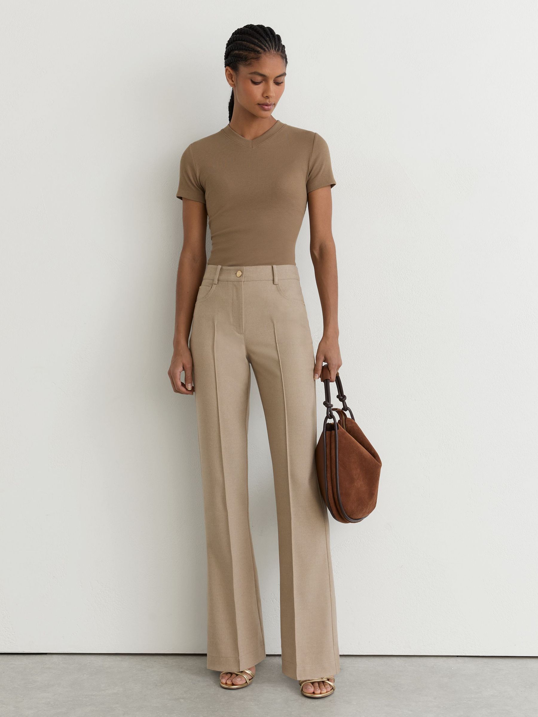 Cotton-Stretch High V-Neck T-Shirt in Camel - Image 4 of 6