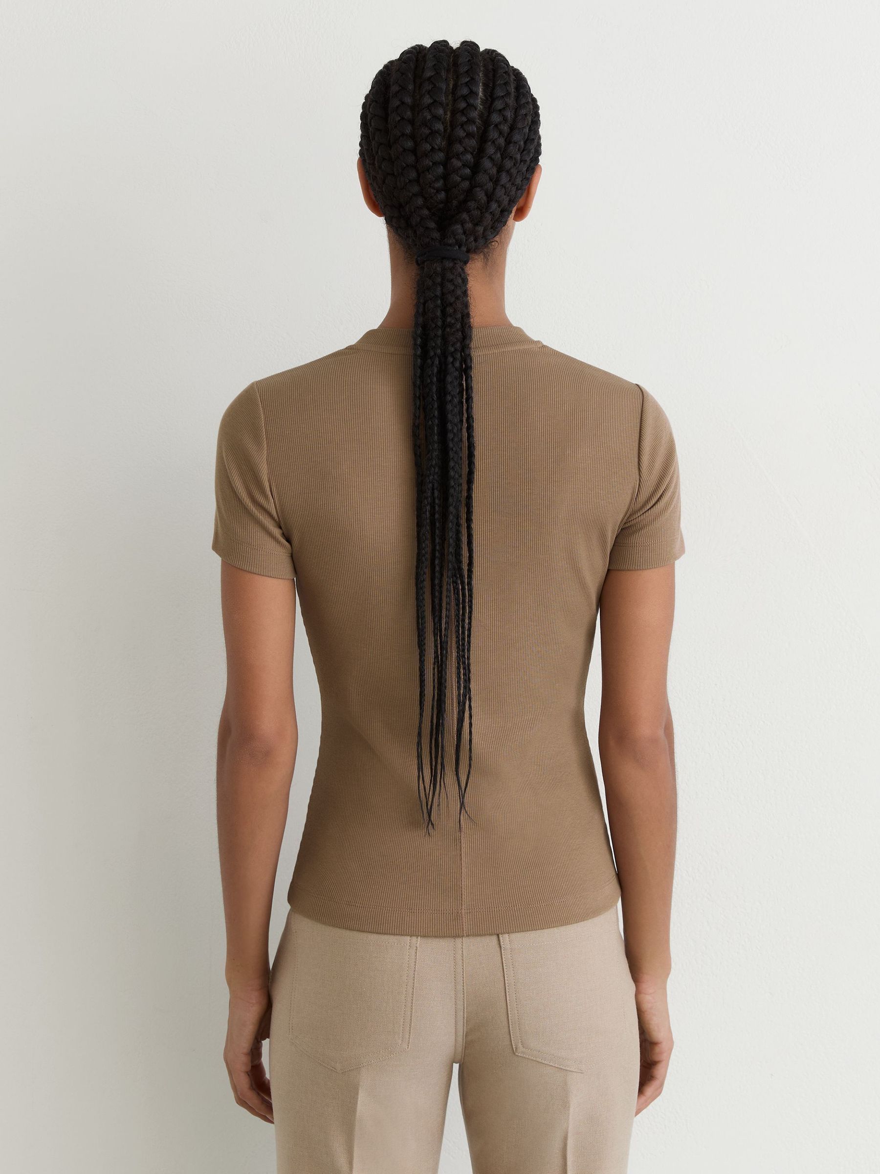 Cotton-Stretch High V-Neck T-Shirt in Camel - Image 5 of 6