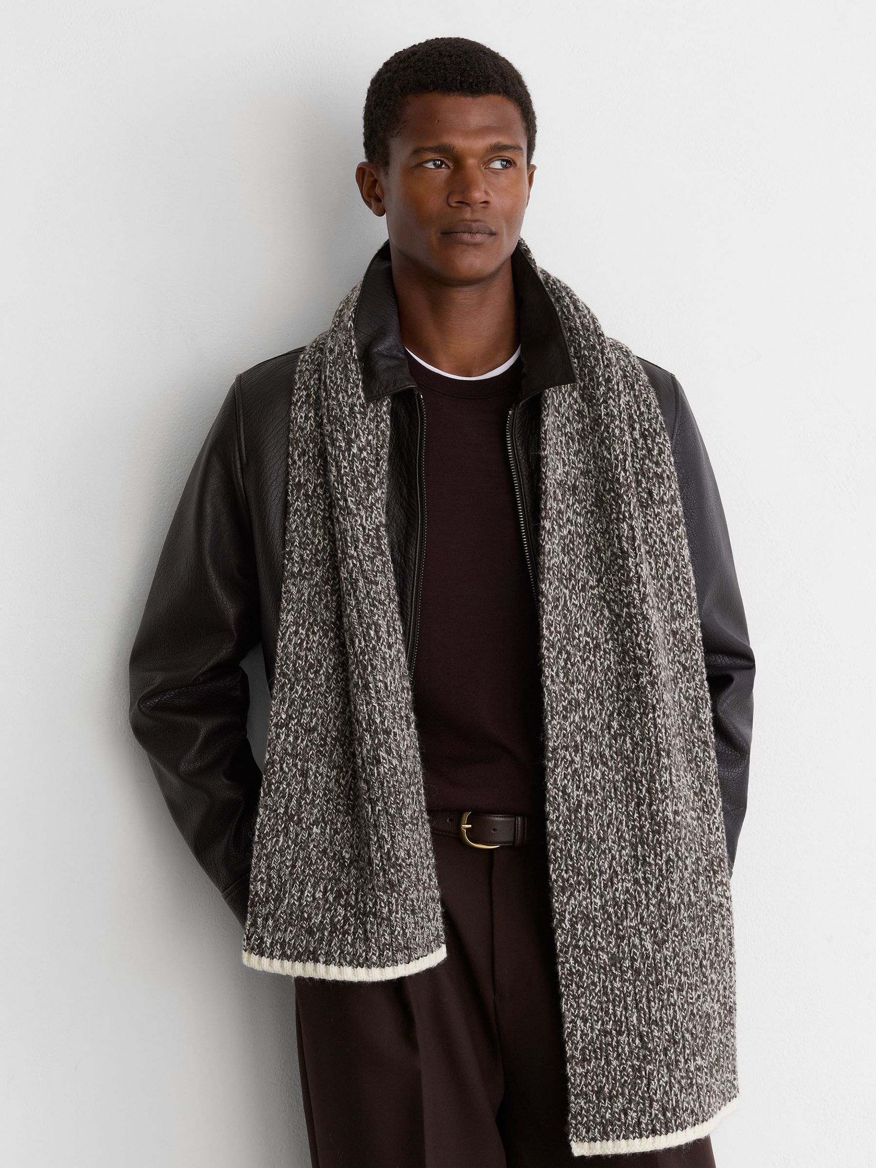 Wool-Blend Mélange Rib-Knit Scarf in Chocolate Brown/White - Image 3 of 6
