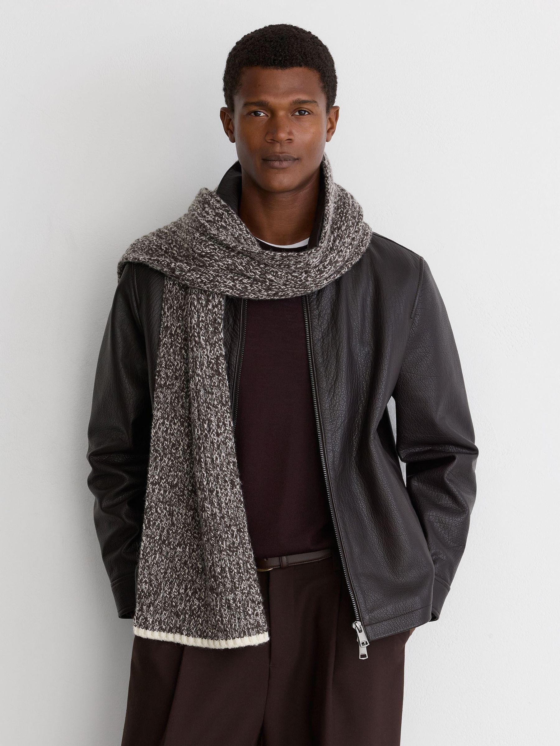 Wool-Blend Mélange Rib-Knit Scarf in Chocolate Brown/White - Image 4 of 6