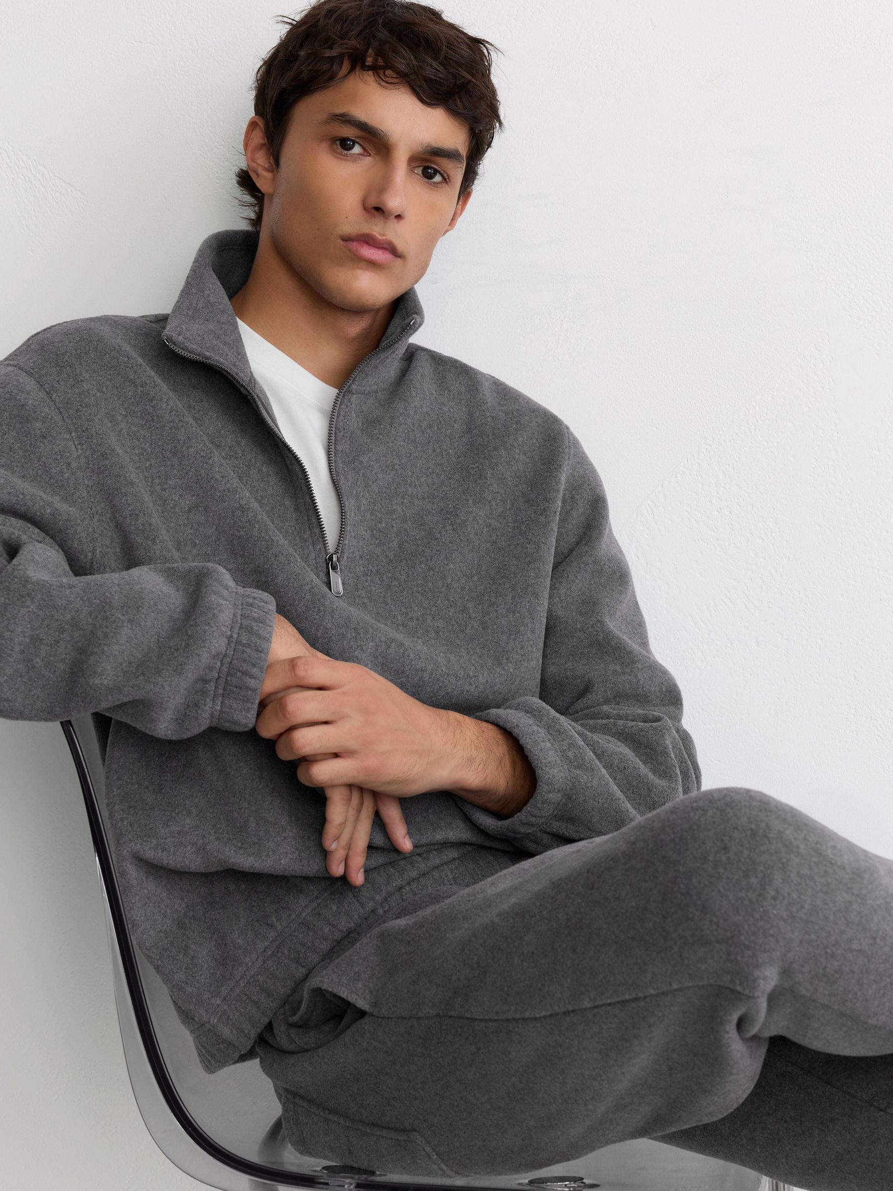 Fleece Quarter-Zip Sweatshirt in Charcoal Grey - Image 1 of 7 Fleece Quarter-Zip Sweatshirt in Charcoal Grey - Image 1 of 7