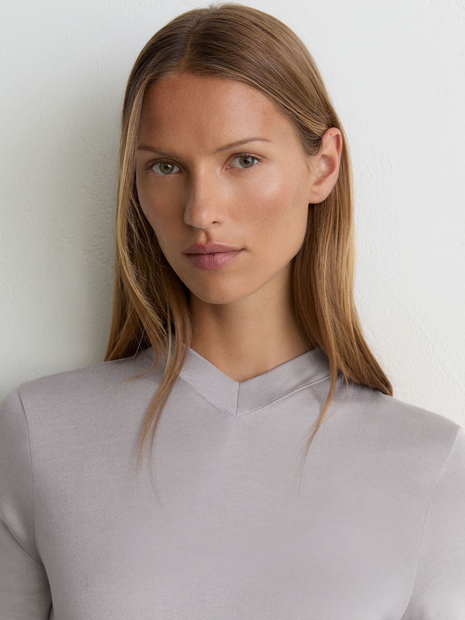 High V-Neck Long-Sleeve Top in Light Grey - Image 1 of 6