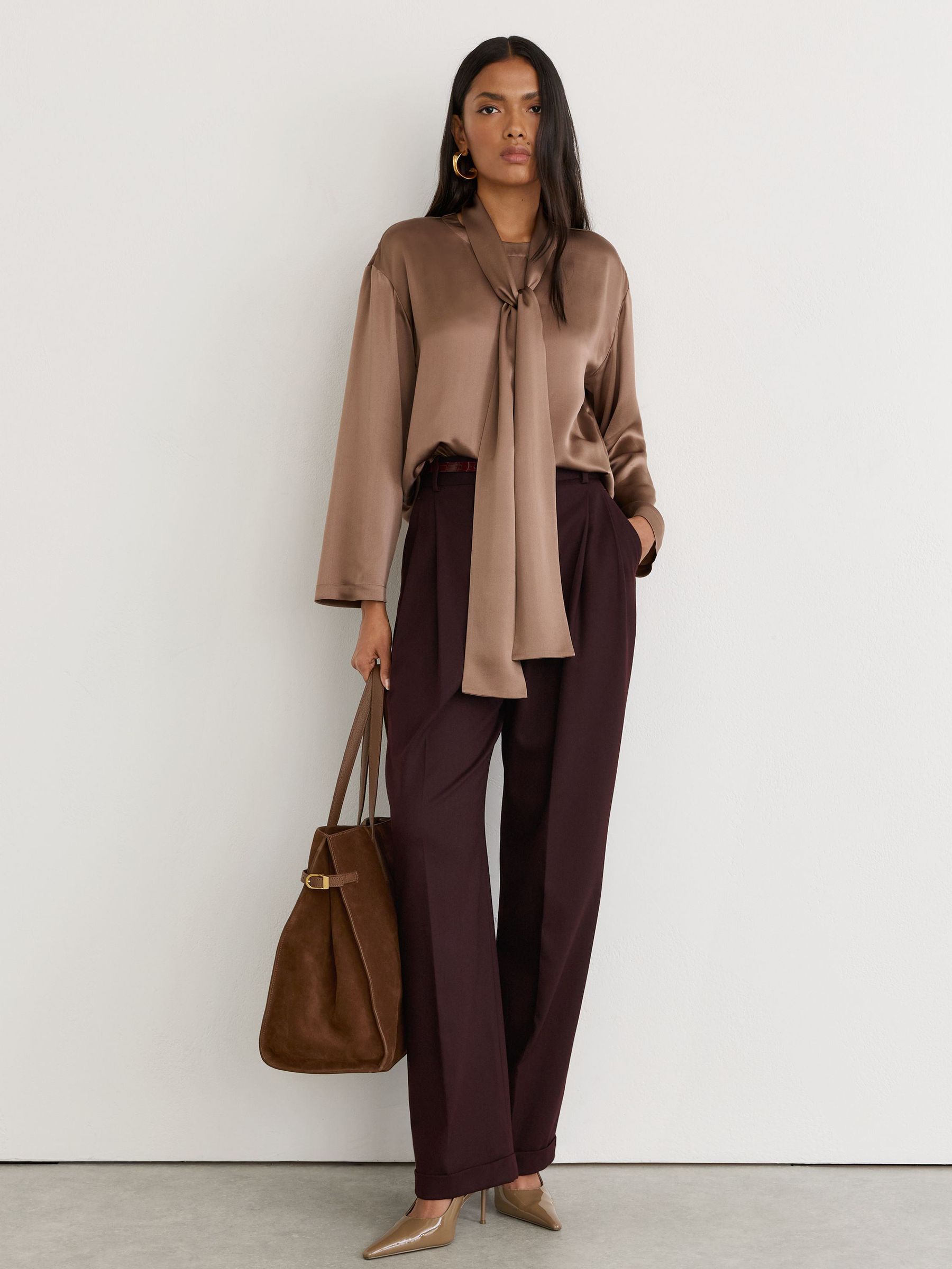 Silk Tie-Neck Long-Sleeve Blouse in Taupe Brown - Image 1 of 6