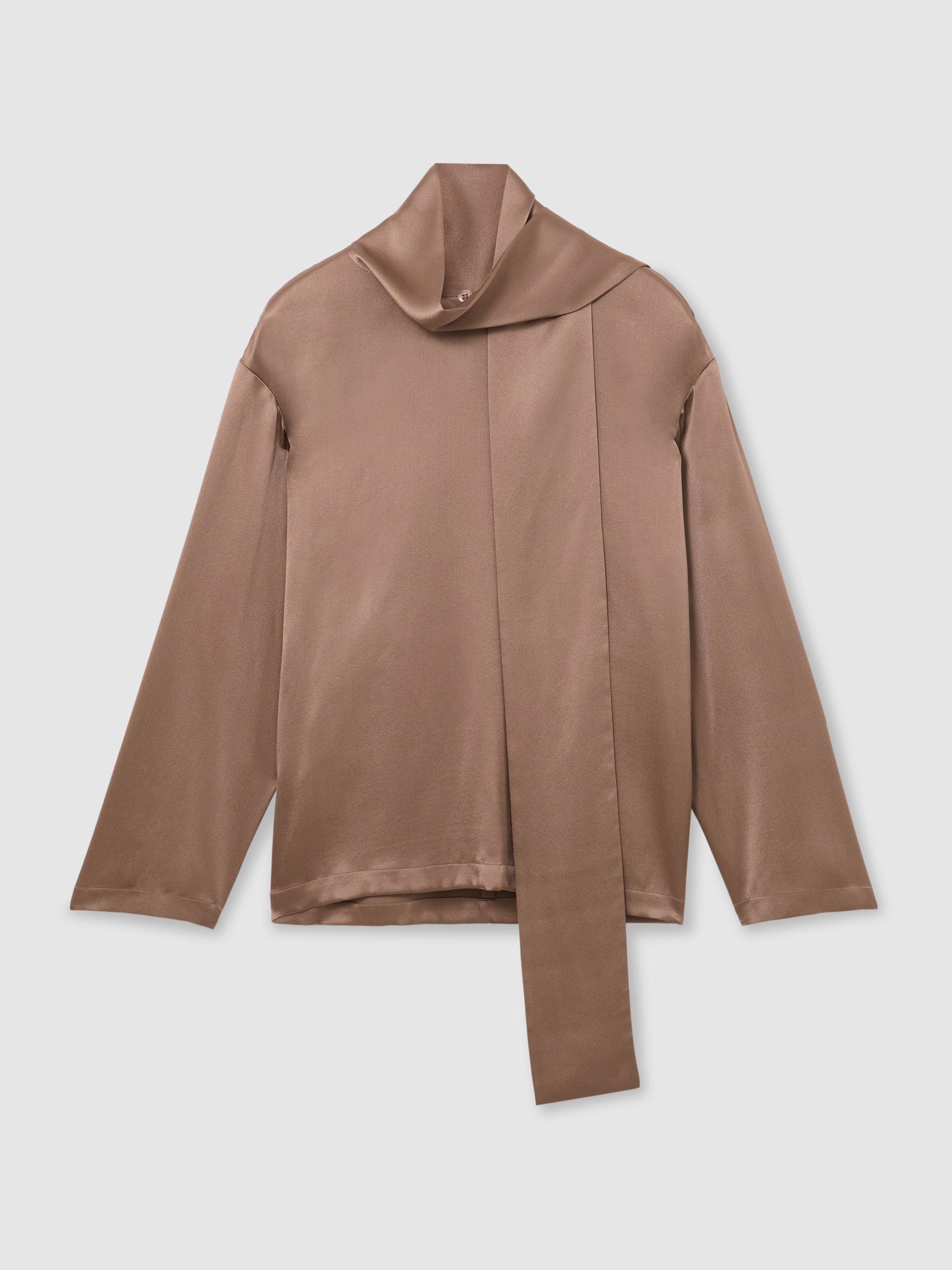 Silk Tie-Neck Long-Sleeve Blouse in Taupe Brown - Image 2 of 6