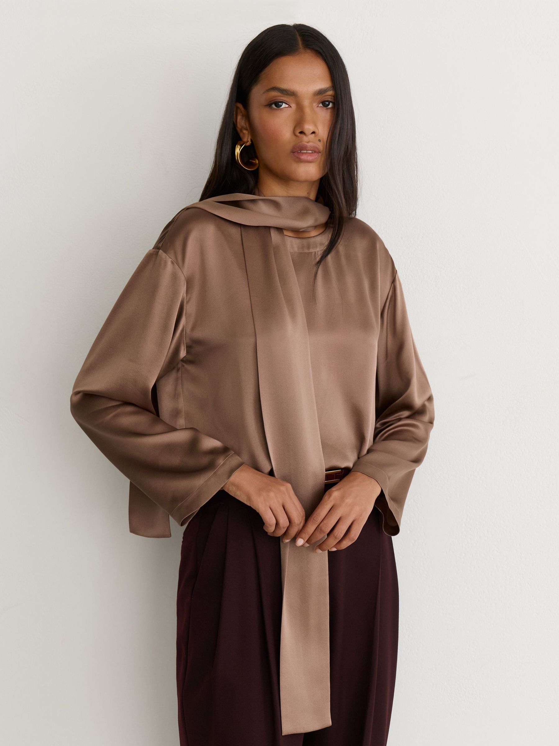 Silk Tie-Neck Long-Sleeve Blouse in Taupe Brown - Image 3 of 6