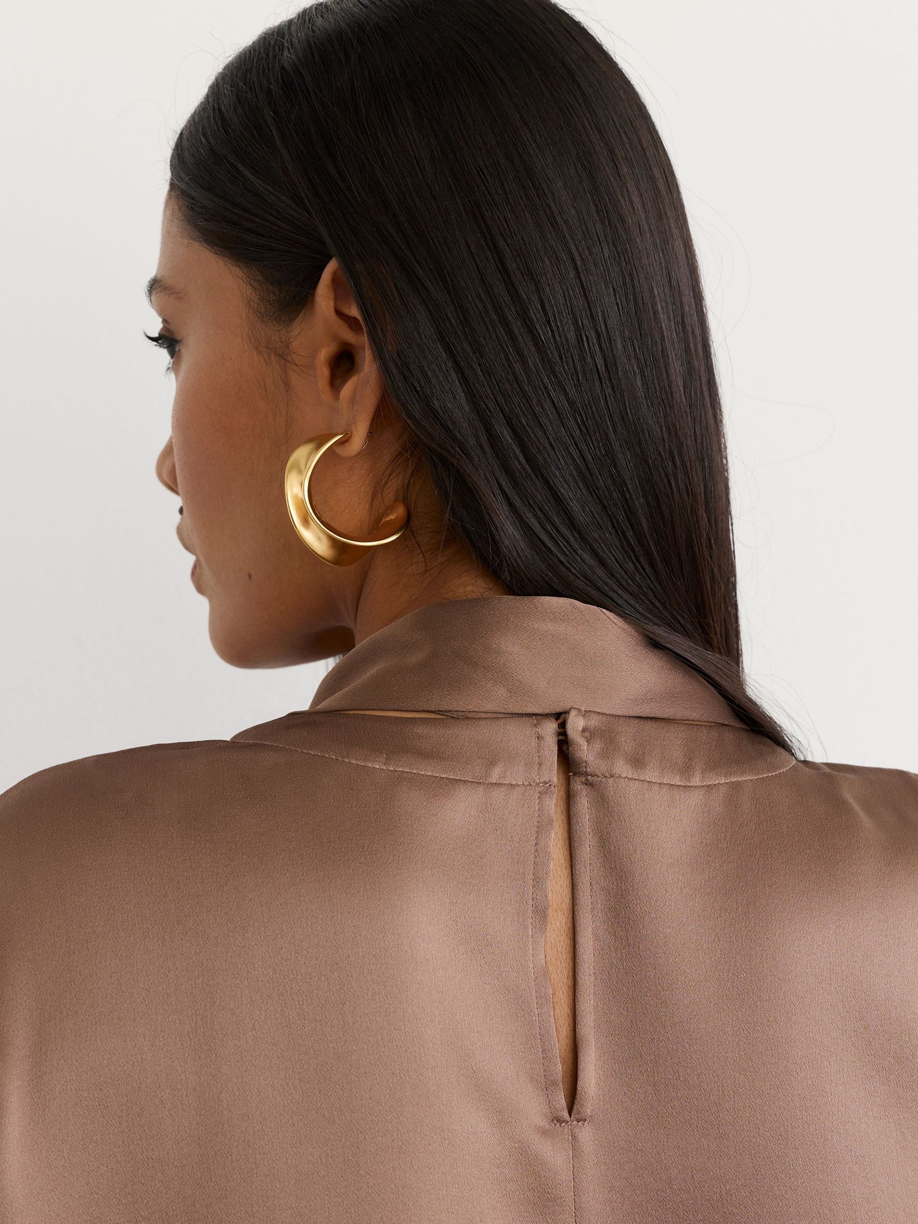 Silk Tie-Neck Long-Sleeve Blouse in Taupe Brown - Image 4 of 6