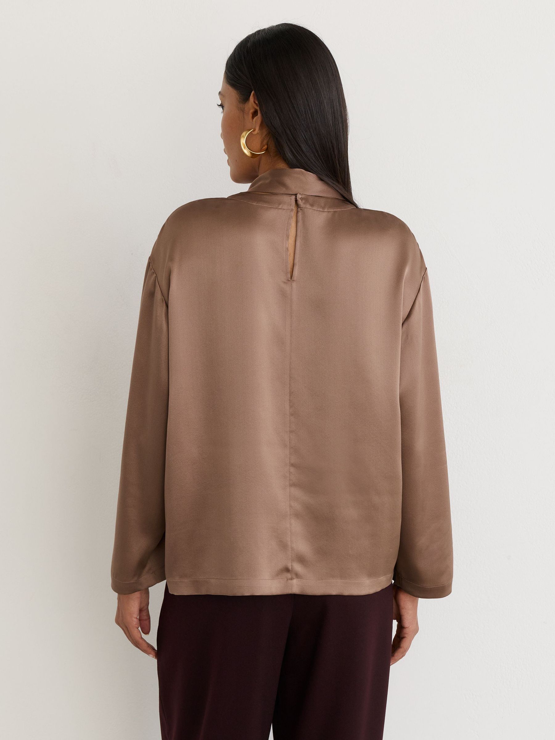 Silk Tie-Neck Long-Sleeve Blouse in Taupe Brown - Image 5 of 6