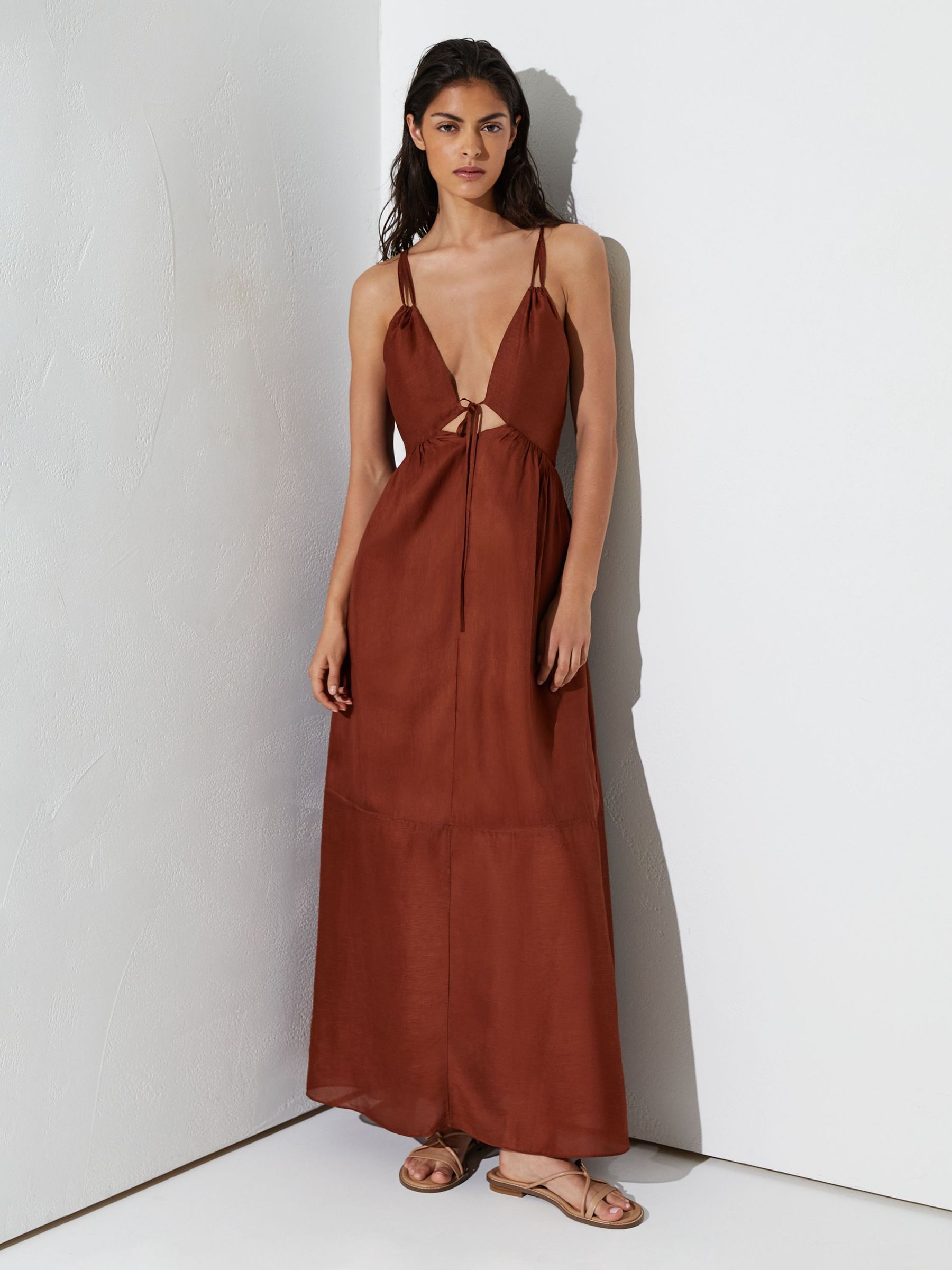 Petite Double-Tie Plunge Maxi Dress with Linen in Toffee Brown - Image 6 of 8