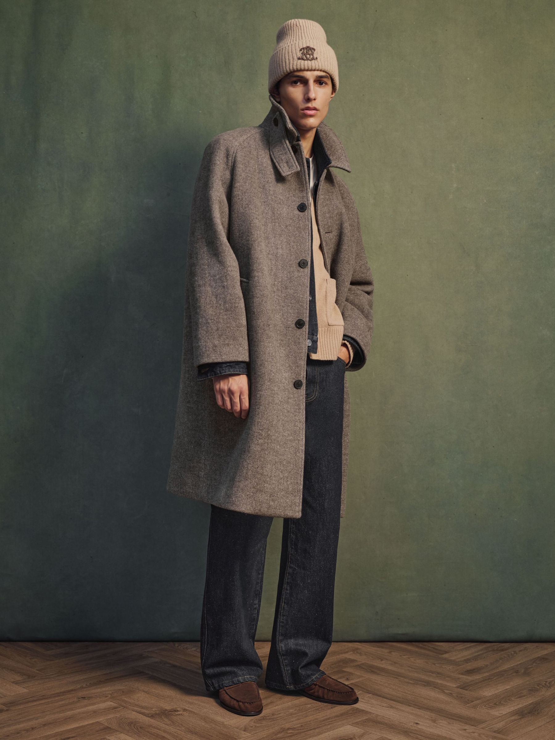 Monogram Wool-Blend Twill Relaxed Raglan Overcoat in Brown - Image 1 of 10