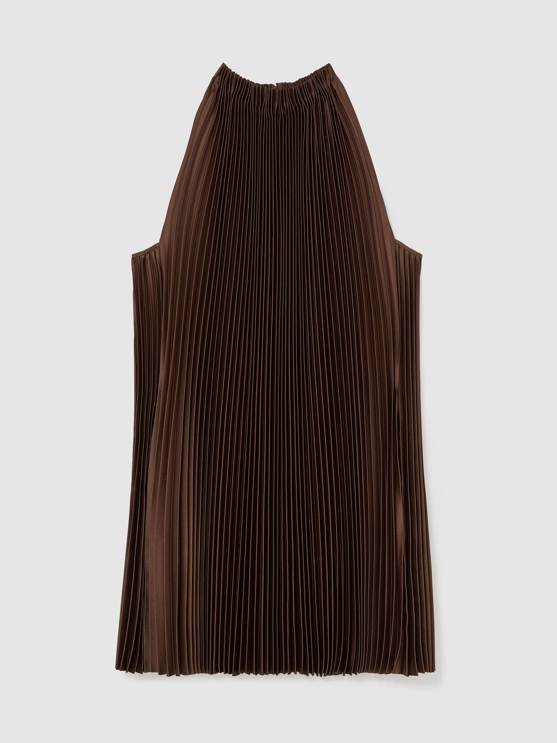 Satin Pleated High-Neck Mini Dress in Mocha Brown - Image 2 of 8