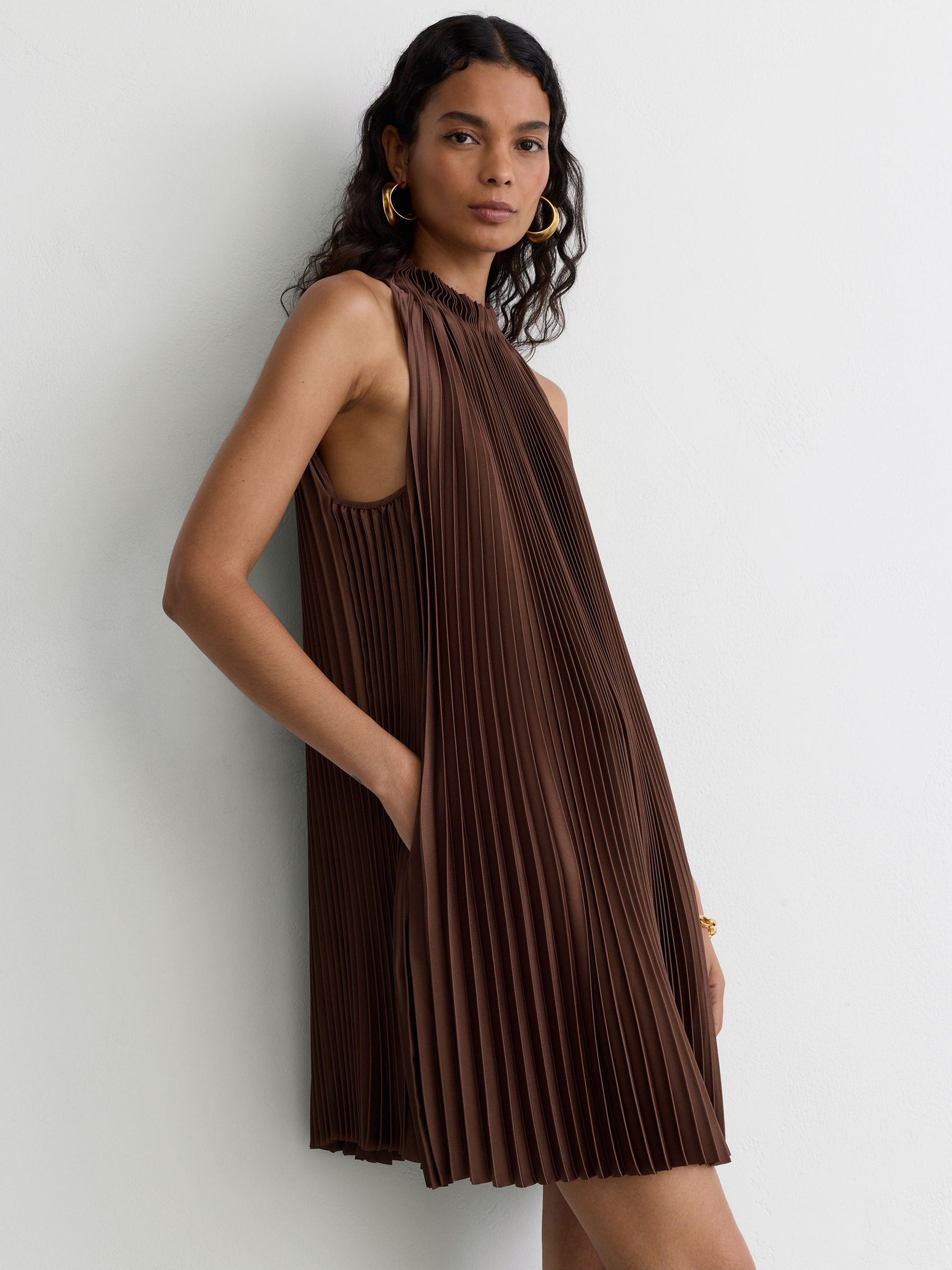 Satin Pleated High-Neck Mini Dress in Mocha Brown - Image 3 of 8