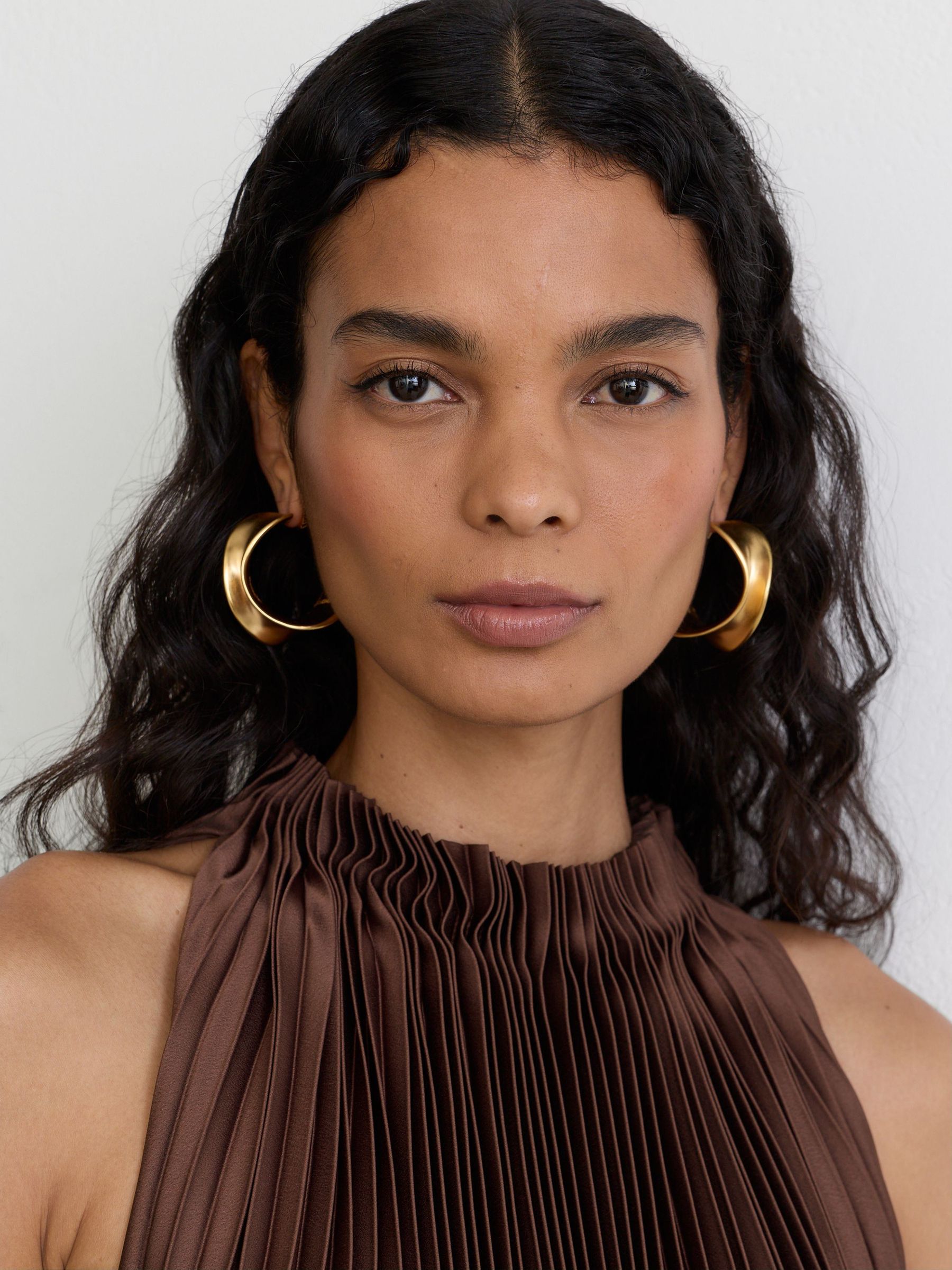 Satin Pleated High-Neck Mini Dress in Mocha Brown - Image 5 of 8