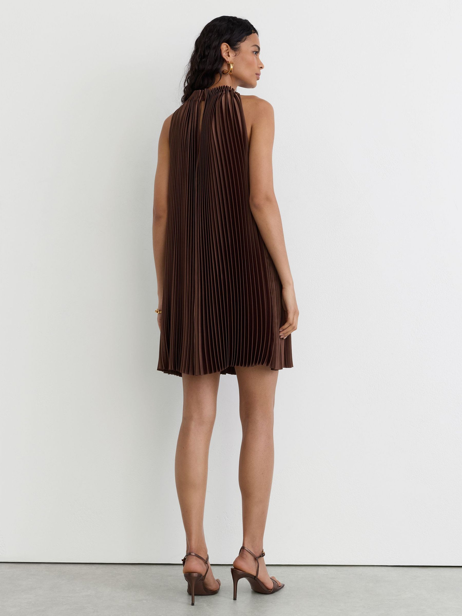 Satin Pleated High-Neck Mini Dress in Mocha Brown - Image 6 of 8