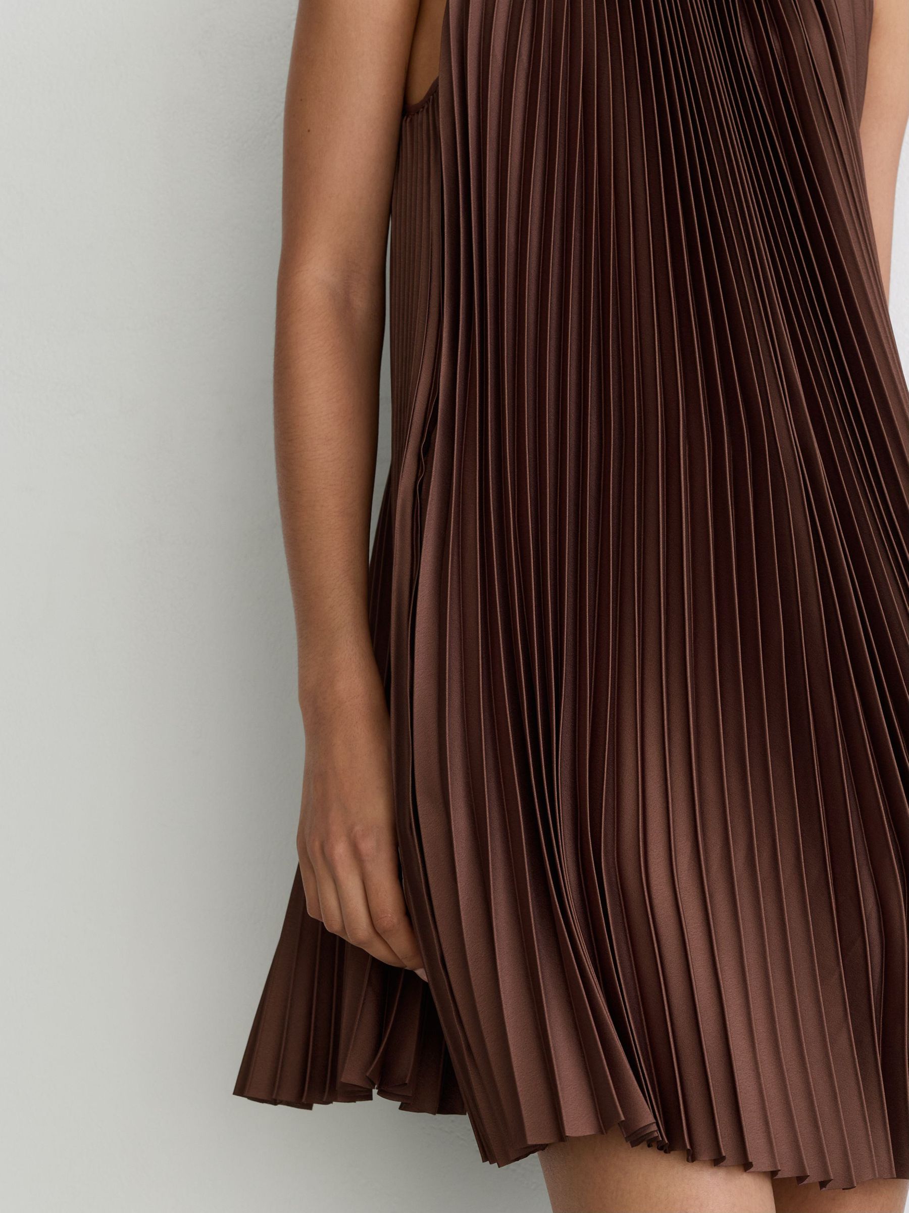 Satin Pleated High-Neck Mini Dress in Mocha Brown - Image 7 of 8